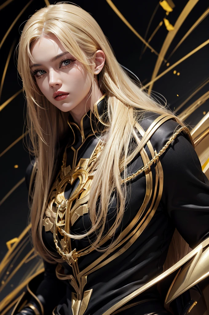 a blonde woman in a black and gold superhero costume, detailed face, detailed eyes and lips, detailed muscular body, dynamic pose, black and gold color scheme, high quality, cinematic lighting, comic book style