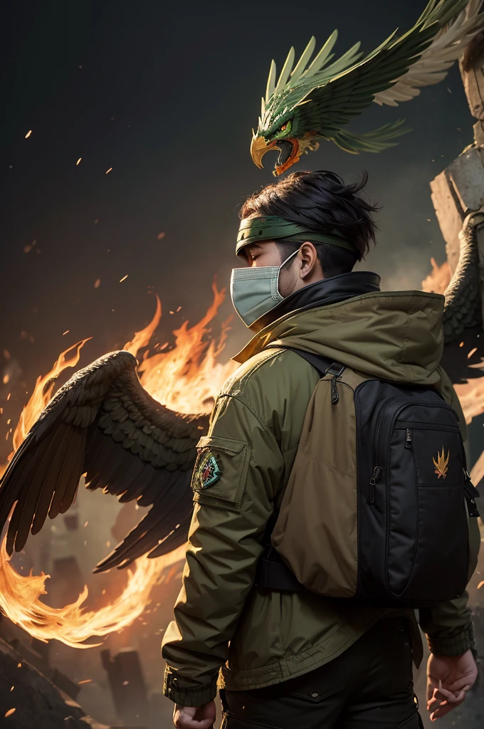 A man wearing a phoenix head as a mask, leaving only his mouth showing, wearing a moss green jacket with a beige hood, inside a white shirt with black stripes and black cargo pants, on your back there are wings of fire