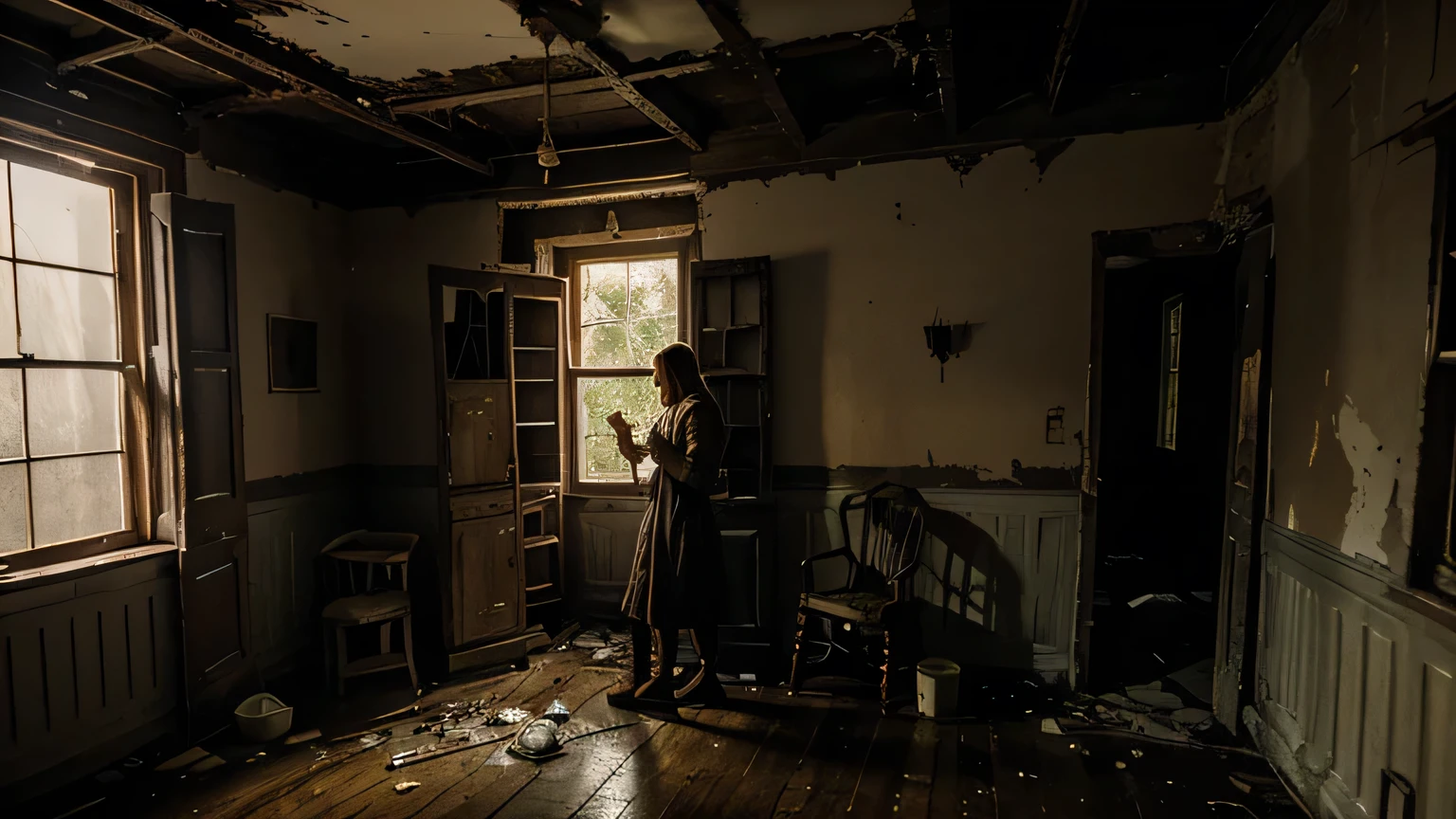 a women explores the interior of an old, abandoned house with broken windows and cobwebs hanging from the corners. The wooden floors creak with every step, and an old, flickering candle provides the only light. Dusty furniture and old portraits add to the eerie atmosphere.
