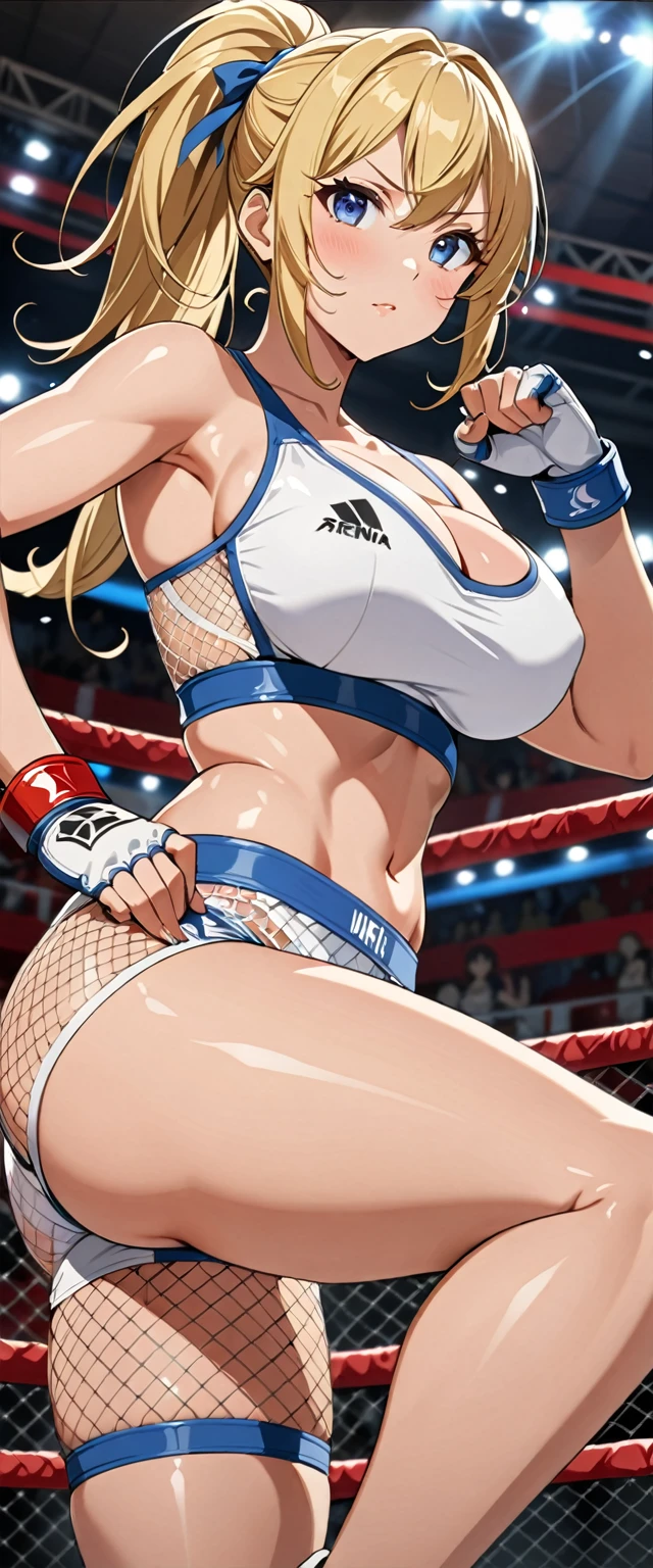 ((masterpiece)), ((high quality)), ((super detailed)), ((high resolution)) ,((8k)), a beautiful woman, ((She is one of the most famous female Gravure idol in the world.)), unparalleled beauty, ((huge breast)), ((large ass)), ((deep cleavage)), slim waist, chest out, ultra detailed face, perfect skin, (((Half-up hairstyle, Blonde Ponytail hair))), blue eyes,  detailed eyes, whole body image, (((anime))), ((glamorous)), 22 years old, ((incredibly beautiful woman)), ((The H cup bust)),  (((Sports Bra, Sports shorts))),  ((beautiful breasts)), beautiful legs, 8 life size, anime, the most beautiful and strongest, ((charm)), ((Half Japanese and half British)), ((Grown-up face)), ((Open Finger Gloves, Five fingers)),  (((Women's mixed martial arts,  A fighting arena surrounded by wire mesh))), ((looking up)), ((Striking Specialist,