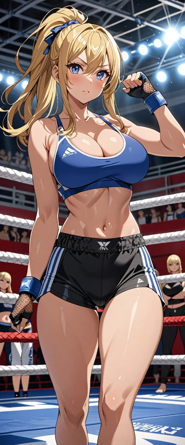 ((masterpiece)), ((high quality)), ((super detailed)), ((high resolution)) ,((8k)), a beautiful woman, ((She is one of the most famous female Gravure idol in the world.)), unparalleled beauty, ((huge breast)), ((large ass)), ((deep cleavage)), slim waist, chest out, ultra detailed face, perfect skin, (((Half-up hairstyle, Blonde Ponytail hair))), blue eyes, detailed eyes, whole body image, (((anime))), ((glamorous)), 22 years old, ((incredibly beautiful woman)), ((The H cup bust)), (((Sports Bra, Sports shorts))), ((beautiful breasts)), beautiful legs, 8 life size, anime, the most beautiful and strongest, ((charm)), ((Half Japanese and half British)), ((Grown-up face)), ((Open Finger Gloves, Five fingers)), (((Women's mixed martial arts, A fighting arena surrounded by wire mesh))), ((looking up)), ((Striking Specialist,