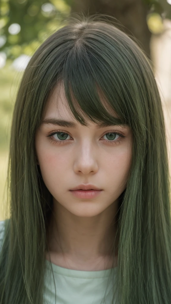 a girl. European. Extremely detailed face. Oval face. Delicate facial features. Half-closed eyes. Long straight hair. Messy hair. Bangs. Green hair. Green eyes. Frustrated and Angry. Shy. Straight face