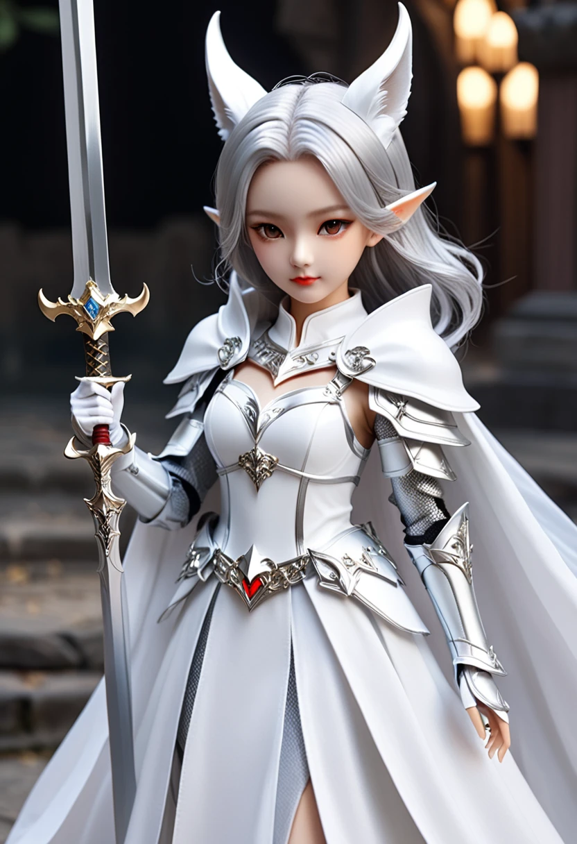(masterpiece, Highest quality)、Cute Girl Demon King、Pointy Ears、Fox ears growing from his head、Silver armor、White devil wings、Not scary、The sword in her hand is sharp、Except for his head, he is covered in white armor.、A fluttering white cape、Not scary、Small doll、