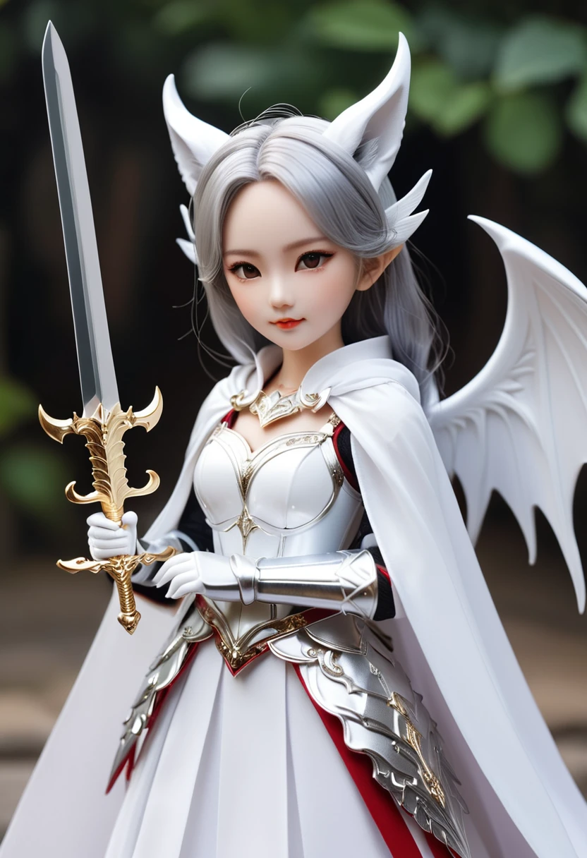 (masterpiece, Highest quality)、Cute Girl Demon King、Pointy Ears、Fox ears growing from his head、Silver armor、White devil wings、Not scary、The sword in her hand is sharp、Except for his head, he is covered in white armor.、A fluttering white cape、Not scary、Small doll、