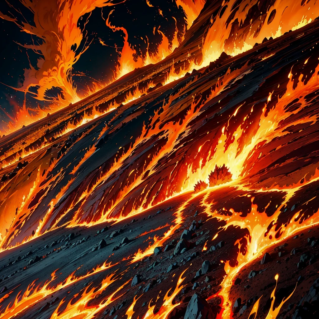 colossal phoenix of magma and flames, fluid lava body, aura of massive destruction, creating fissures in the ground and lava eruptions. Burning desert scenery with lava and flames, big bird, Ablaze, flying