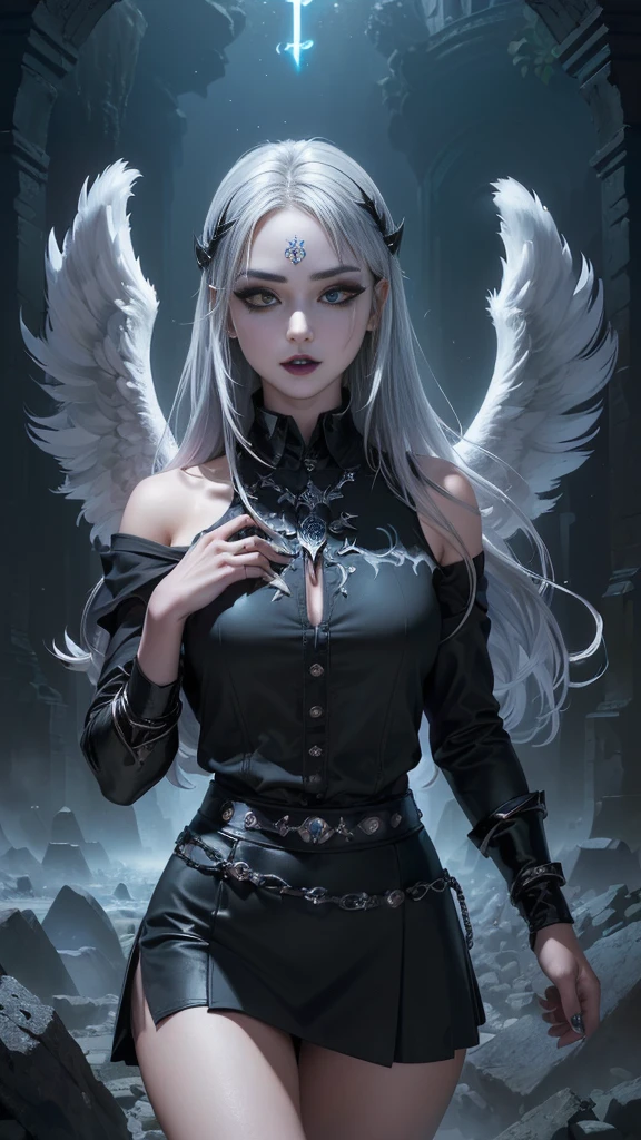 (pose gusano :1.4 ) , ((4K works))、masterpiece、(top-quality)、((high-level image quality))、((one beautiful women))、(Slim body:1.4) 、((Black Y Shirt Fashion:1.4) ))、(mini skirt white :1.4) , (Detailed beautiful eyes:1.4 )、Crow on fantastic city background、Walk the crowded streets、(Tiene alas de ángel :1.4), ((Face similar to Chaewon in Ruseraphim))、((shoulder-length hair))、((bright silver hair:1.4 ))、((Smaller face))、((Neutral face)、((Korean Women))、((18year old))、((Wild Lady))、((Wild look))、((Show your fangs and laugh))、((Korean makeup with black eyeshadow:1.4 ))、((elongated and sharp eyes))、((Shot alone))、((Fallen Angel:1.4 ))、((Fallen Angel Woman))、Photos of fallen angels、Villain、((amazing photo))、Photographed so that the whole body can be seen、horor、((There is a crow on the right shoulder))、Dark Proof、Professional Photos、((She is walking next to the viewer))、((Happy dating)), ,(Fondo de ruinas de mazmorra en ruinas:1.4 ), Epic Fantasy Art Style HD, 4K fantasy art, epic fantasy digital art style, epic fantasy art style, Fantasy Woman, epic fantasy art portrait, Epic fantasy style, hyperrealistic fantasy art, hd fantasy art, Epic fantasy character art, epic fantasy art, in style of dark fantasy art, epic fantasy digital art, (fondo cueva caverna piedras grandes :1.4), (face detailed :1.4), (pose vaquero), (colores brillantes), (iluminación cinematográfica :1.4), ,(Fondo de ruinas de mazmorra en ruinas piedras grandes :1.4 ), (pose vaquero)