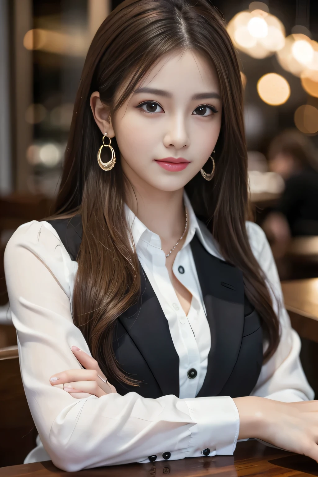masterpiece, Highest quality, Realistic, Very detailed, Finer details, High resolution, 8k wallpaper, One beautiful woman, Wear casual business attire, In a great restaurant, At night, Light brown messy hair, Perfect dynamic composition, Beautiful and beautiful eyes、Big earrings
