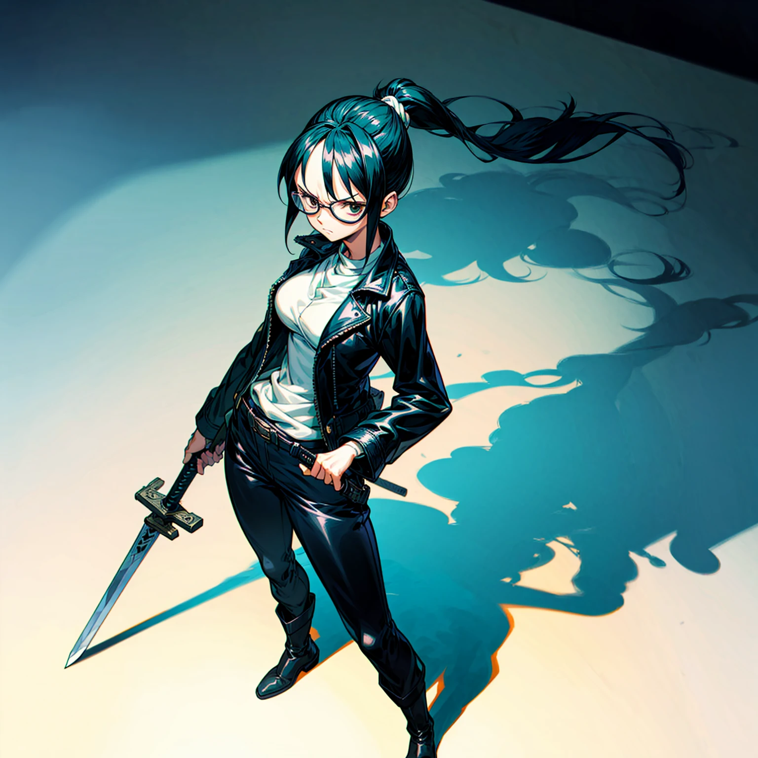 Grassroot, full body version, solo, girl, glasses, black colour hair, ponytail hair, brown eyes, sad eyes, leather jacket, belts, long pants, boots, shadow, (Hunter x Hunter style art), standing gesture, sword in hand 