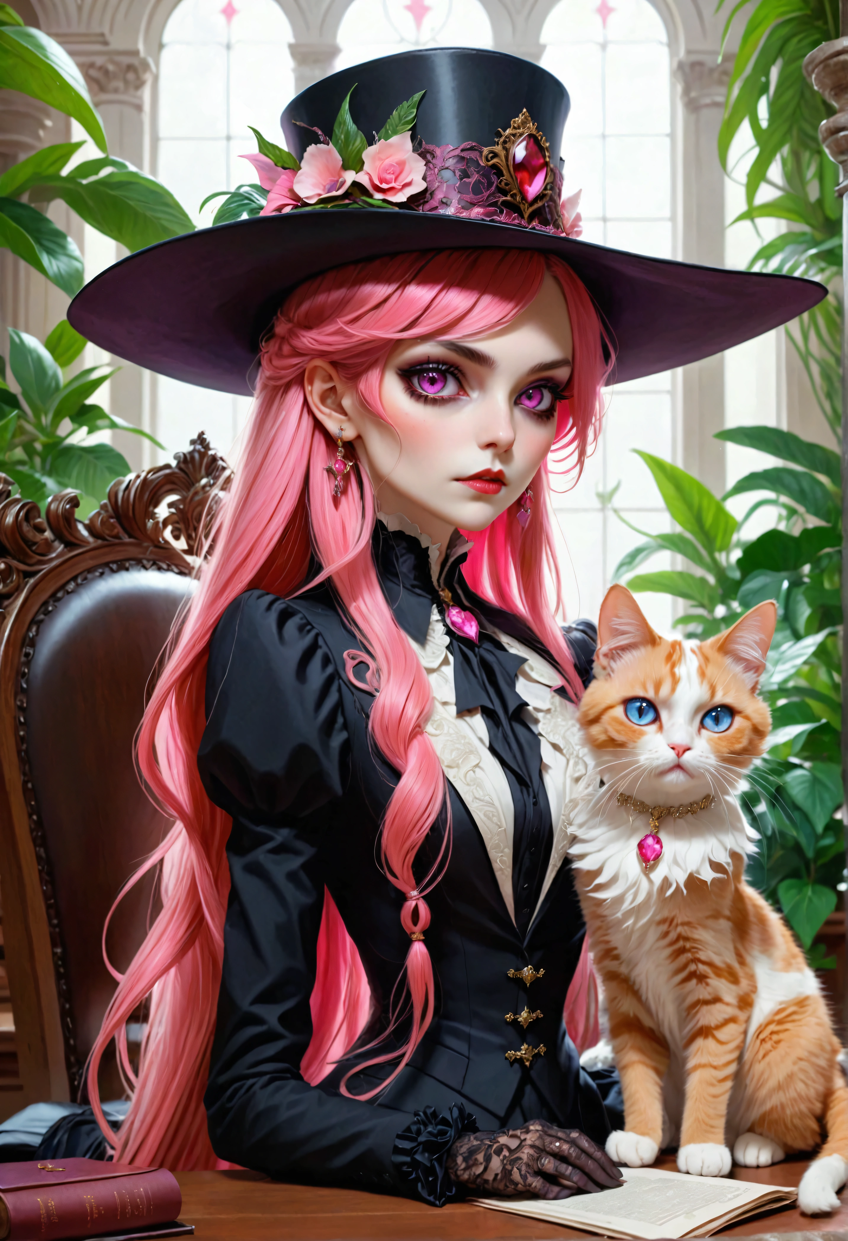 (Stunning extravagant) vampire lawyer (sitting in court), (holding calico cat), (strict lawyer attire with rich embellishments:1.1), (whimsical hat), extremely long hair, sparkling pink eyes, (exotic rich court interior:1.2), plants, bright colors, masterpiece in maximum 16K resolution, best quality, ultra detailed, aesthetics, absurdes.