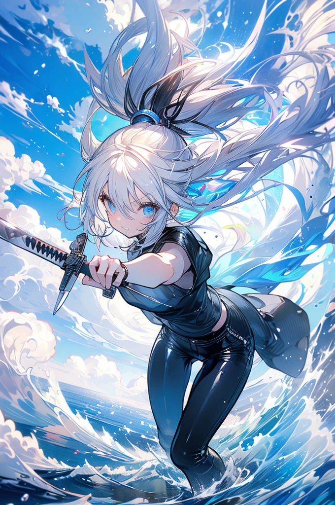 Woman, cute, baggy shirt, tight pants, looking up, combat, white hair, light blue, ice, waves, double teeth, naked, sword
