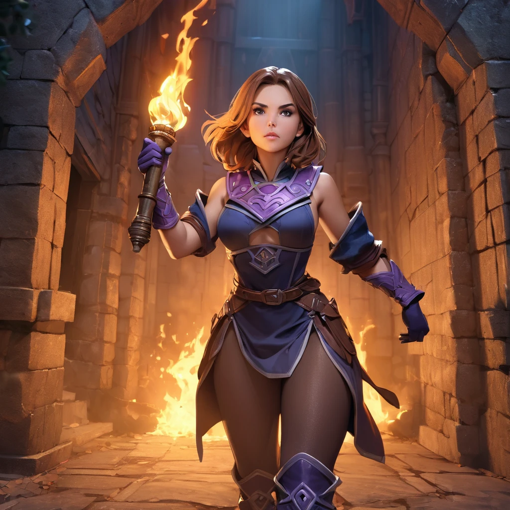 super high quality, super high detail, masterpiece, 4k, 8k, HDR, masters of the universe  ,a girl adventurer, brown hair, brown eyes, dark (blue tabard), (purple tights), big boots, leather boots, big gloves, ponytails, (((young girl))),  (((masterpiece))), high quality, 8k. Show her exploring a dangerous dungeon with wall torches lighting the corridors, iron doors line one wall, goblins lurking in the darkness 
