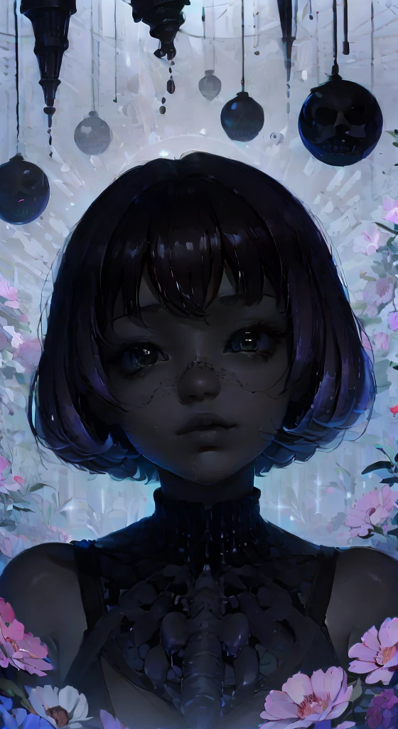 photorealesticThe image exudes ethereal beauty and soft fantasy/ aswell as sinister tones of subtle violence. Include sweet and detailed birds/ some with severed heads and soft, luminous flowers with blood drops like dew drops w white highlights. The image's background is decorated in shades of pink, shimmer, glitter, and macabre fantasy details like colored bubbles, skulls and cosmos. Utilize dynamic composition to create a compelling and action-packed image. Dramatic lighting and cinematic lighting enhance the woman's beauty and the soft colors in the artwork. Include fantasy, cute, colorful, colourful, interesting magic background, ((((blank eyes)))), ((((empty white eyes)))), (shirome eyes:1.3), (smirking), (perfectly rendered solid whiteeyes), ((short neck)) wide dental exaggerated smile disturbingly contrasting the entire peice outside of it A painting of a woman with many skulls and withing enternal snake like biology coiling in and out of her head, pop surrealism lowbrow art style, Lowbrow Pop Surrealism, lowbrow surreal, Psychedelic surrealist art, 'Lost in a lucid dream, surreal drawing, highly detailed surrealist art, Rowbrow Art, Illusion surrealist art, surreal illustration, hyper detailed surrealism, horror surreal art, pj crook+Broms distinctive art style, anotomic deformity, open cranial plates, corrosive textures, slick wet textures, bone cavities open and spilling disease parasitic invasive.