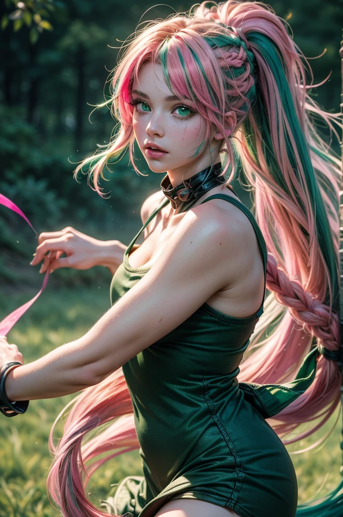 (Best quality, 8k, 32k, raw photo, Photorealistic, Photoreal, UHD:1.2), lifelike rendering, 1 young cute girl, (streaked Green and pink hair:1.4), very long hair, Dynamic hairslyte, (braids, ponytail) (green eyes:1.4), realistic portrait, (random pose), (dynamic angle)