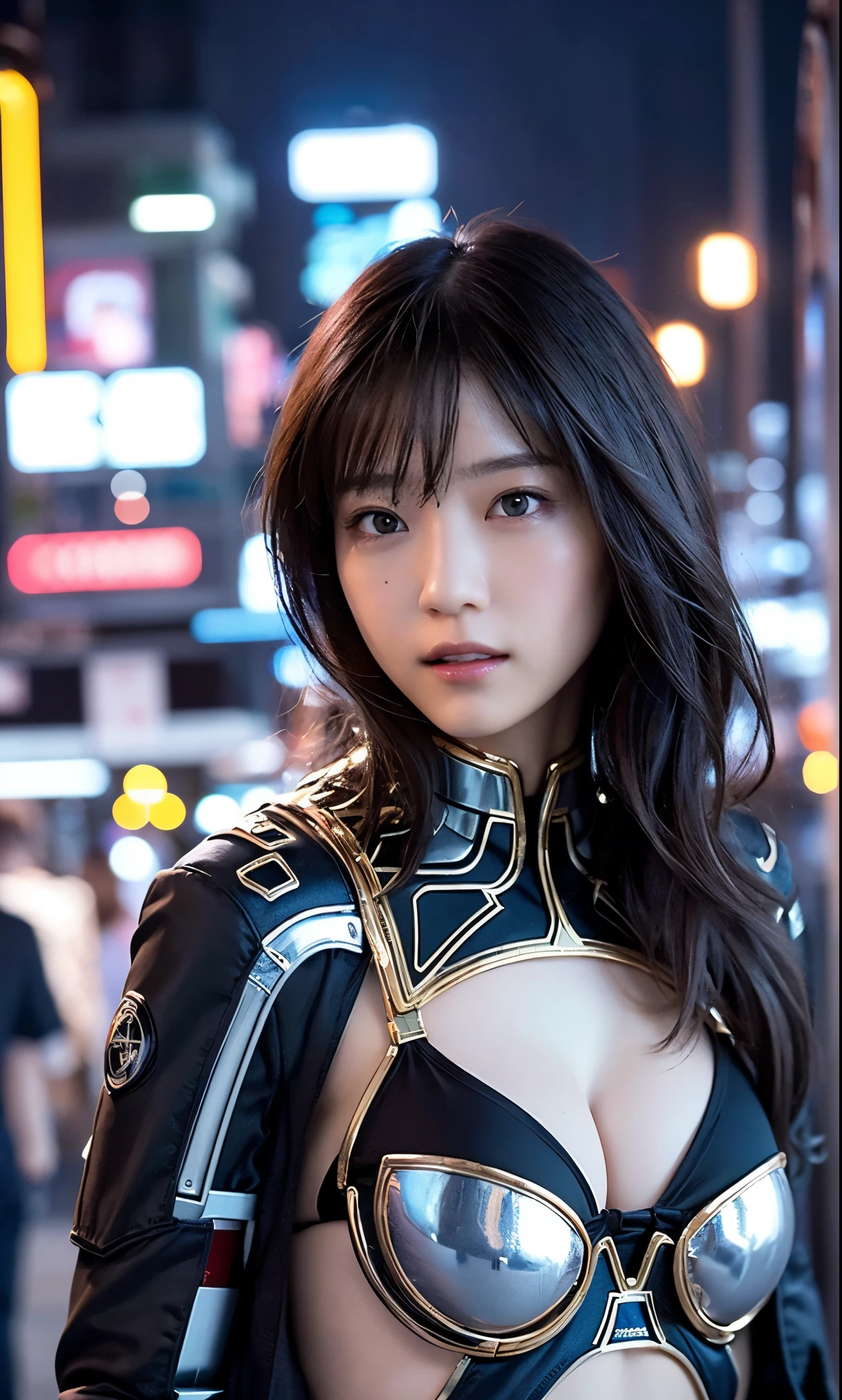 a woman covered in intricate white cybernetics, blue led lights, battle suit, cleavage, high tech, ultra high def, 32k, (Bikini Cyborg robot parts), (detailed:1.4), cyberpunk city background, rainy street, beautiful face, golden long hair, professional lighting, masterpiece, very delicate and beautiful, professional photograph, (smiling:0.5)