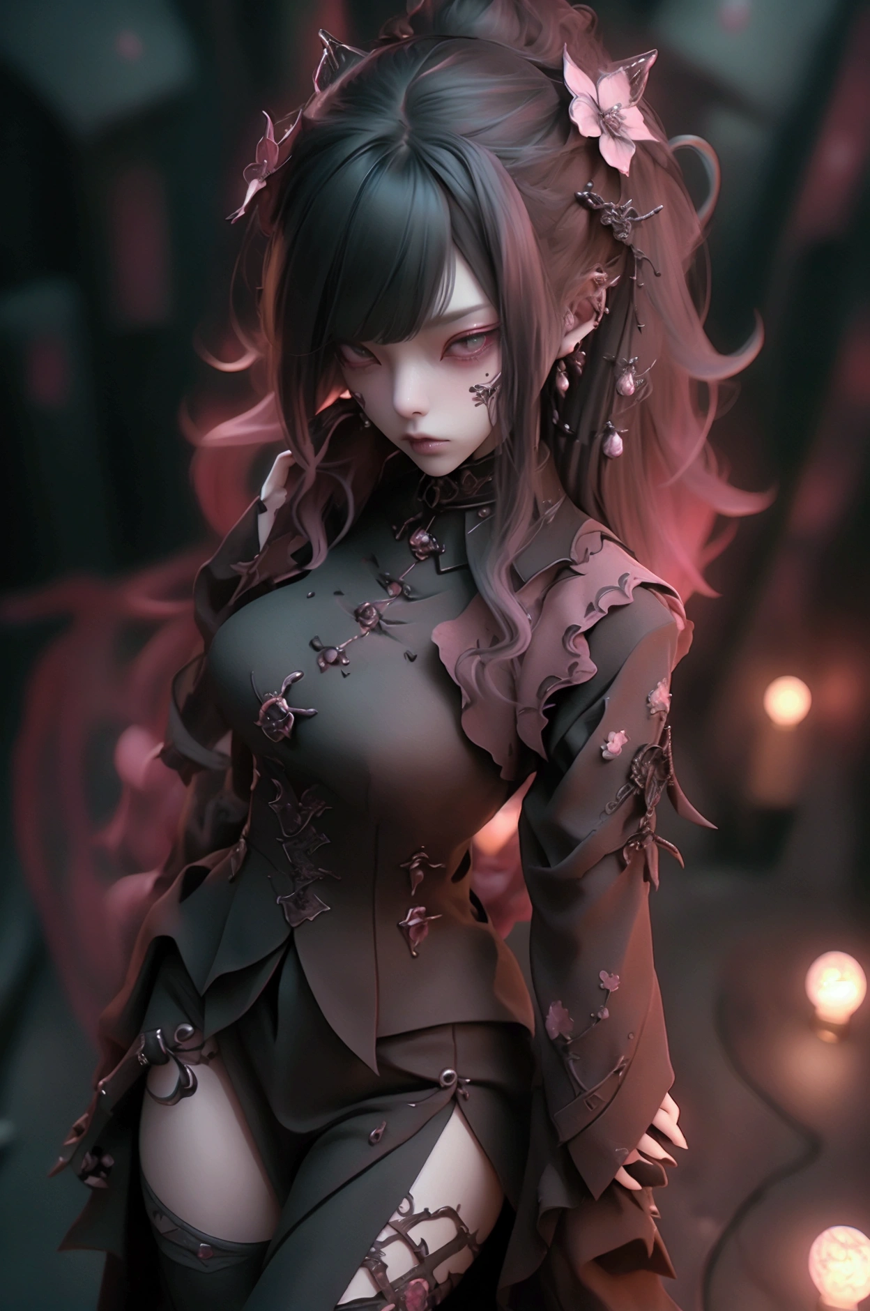 Downtin&#39; Down Women、Standing posture,Stretch your arms,Top view,front,Full Shot,Sarcastic and threatening pose，look up，eye shadow，boots，Game character costumes,novel,Gothic Punk,dress,boots，image color: Black and Pink,lanthanum, cherry blossoms, petals in the wind, Calm, mysterious, high quality, Dark look,Detailed eye design,3D Rendering, 