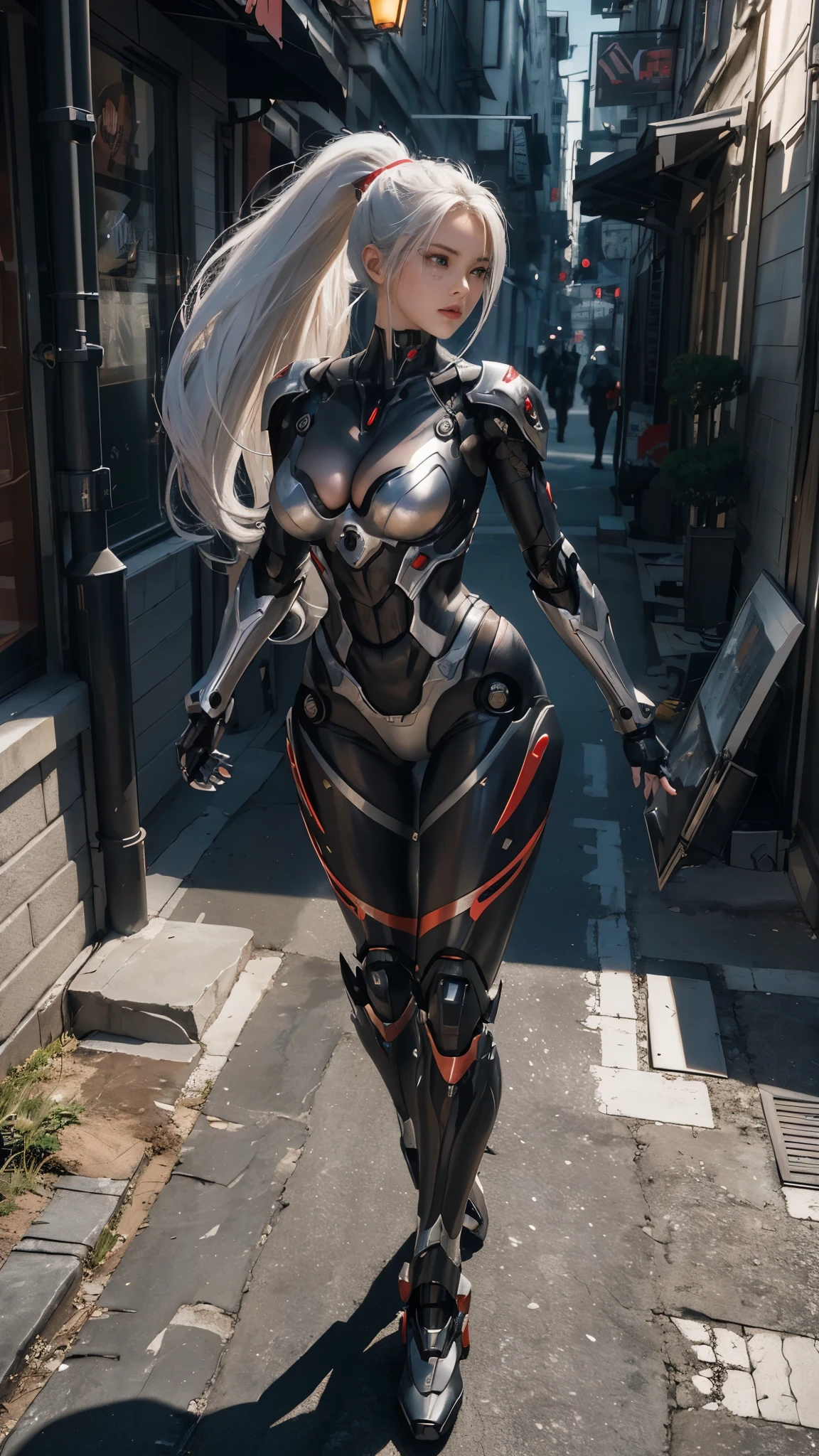 (Female Ninja Cruel Mecha: 1.3, Full body covering mechanism, Heavy AWP on your back, Digital SLR, Light Tracing, 3D, Concept Art, Action Painting, Cinema Lighting, Chiaroscuro, Erotic): 1.2. The mechanical suit meticulously accentuates the curves of your voluptuous breasts, creating a stark contrast against the cold, metallic exterior. Your long, white ponytail hair flows elegantly behind you, adding a touch of femininity to the otherwise menacing scene. This is a masterpiece in 8K resolution, masterfully capturing the mood of murder and terror. A long red scar