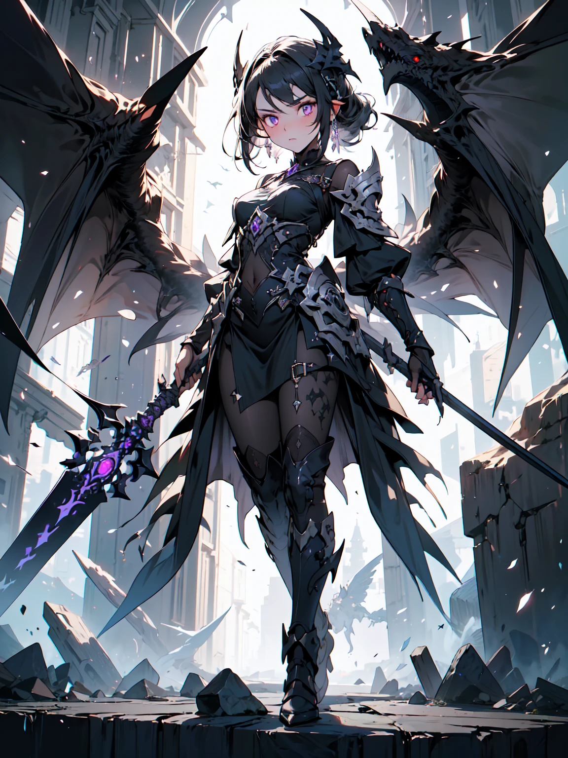 ((masterpiece, best quality, 8k))A captivating artwork of a darkly enchanting female character in a shadowy, magical setting. She wears dark and magical clothes in black and purple, perfectly matching her mysterious aura. Her short black hair and crimson eyes exude an intense beauty. She wields a dark staff, emanating a foreboding power.
