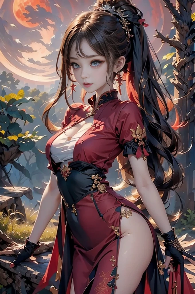 ((masterpiece, best quality, photorealism, RAW quality)), ((detailed, crimson sky)), gorgeous young woman, arms at sides, crimson red moon, winged vampire (red and black shirt: 1.1), long dress with two-tone ruffles, soft breeze, open mouth, fangs, among the treetops and moon in the background
