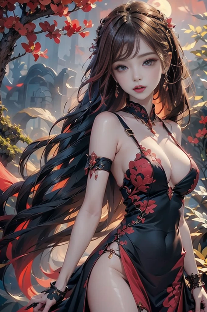 ((masterpiece, best quality, photorealism, RAW quality)), ((detailed, crimson sky)), gorgeous young woman, arms at sides, crimson red moon, winged vampire (red and black shirt: 1.1), long dress with two-tone ruffles, soft breeze, open mouth, fangs, among the treetops and moon in the background