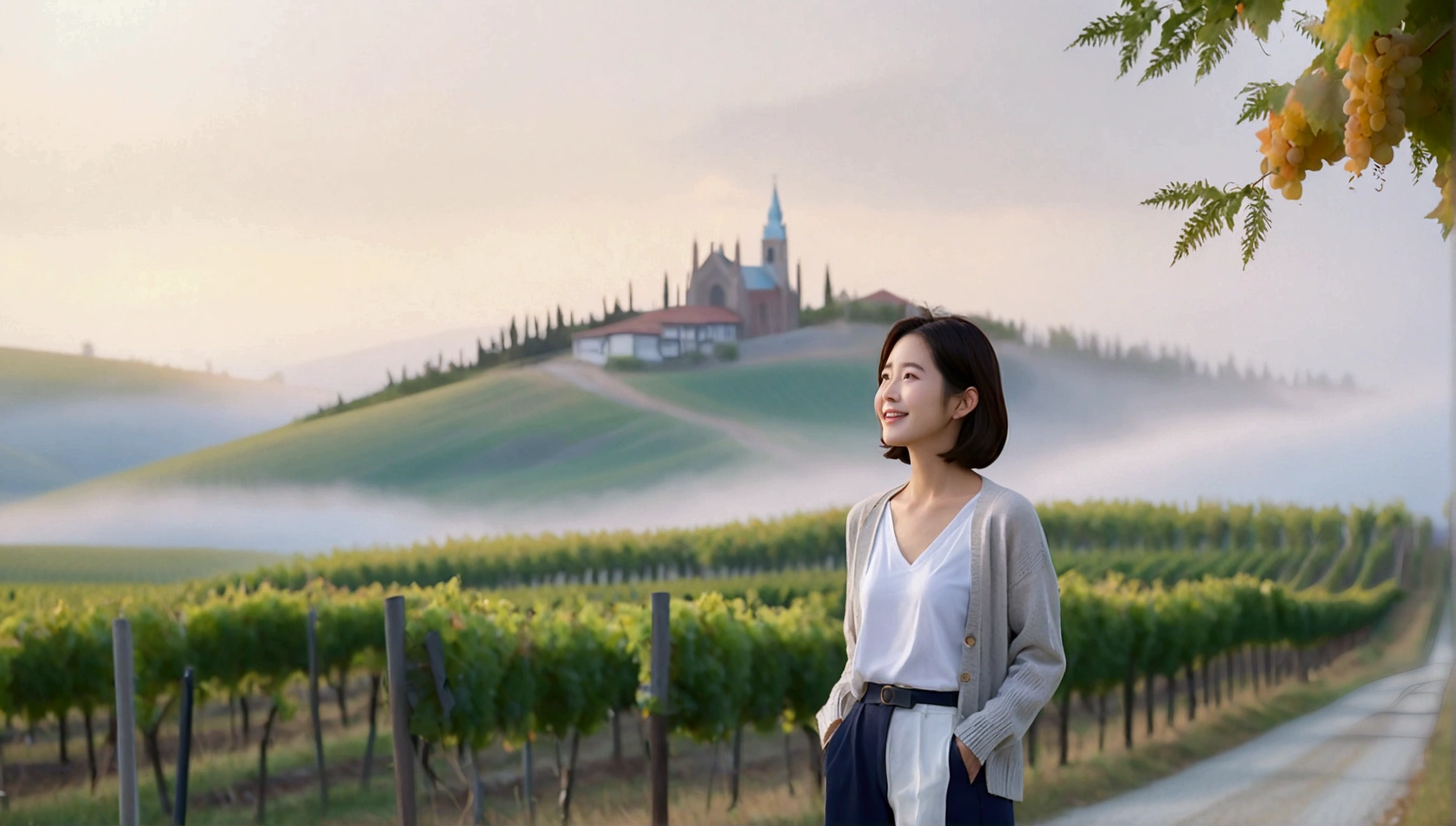 Intentional quality, In 8K, 32K, Photo of a beautiful 36-year-old Korean woman, short medium hair, Inspired by Son Ye-jin, whole body, face focus, Shirt that goes up to the neck and a short cardigan from a luxury brand, beige casual pants, Italian countryside vineyard background, Ranged、make a happy face, 새벽 진한 한개속 The cathedral is visible in the distance, There is thick fog, path, looking up the side, Wear a shirt that covers your chest, The cathedral is visible in the distance, Photo of endless vineyard scenery, look up the side. thick dawn fog, Well-groomed hair, Photo of an elegant and modest woman, Endless vineyards, Vivid picture quality, Clear picture quality, 언덕 위 path, 1 woman, colonnade가 있는 휘어진 path 언덕에서 바라본다. colonnade, The waist area is visible. 휘어진 path에 서있다, colonnade가 있는 어덕길에 서있다. Luxury brand large horn rimmed sunglasses, Sunglasses details, Sunglasses are the same size on both sides, Looking down on the vineyard from the hill, The cathedral is visible in the distance