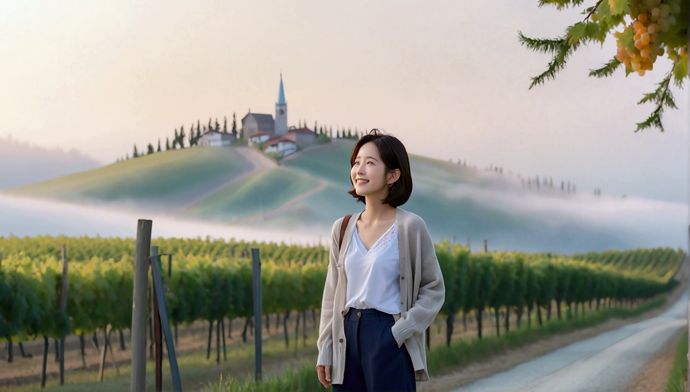Intentional quality, In 8K, 32K, Photo of a beautiful 36-year-old Korean woman, short medium hair, Inspired by Son Ye-jin, whole body, face focus, Shirt that goes up to the neck and a short cardigan from a luxury brand, beige casual pants, Italian countryside vineyard background, Ranged、make a happy face, 새벽 진한 한개속 The cathedral is visible in the distance, There is thick fog, path, looking up the side, Wear a shirt that covers your chest, The cathedral is visible in the distance, Photo of endless vineyard scenery, look up the side. thick dawn fog, Well-groomed hair, Photo of an elegant and modest woman, Endless vineyards, Vivid picture quality, Clear picture quality, 언덕 위 path, 1 woman, colonnade가 있는 휘어진 path 언덕에서 바라본다. colonnade, The waist area is visible. 휘어진 path에 서있다, colonnade가 있는 어덕길에 서있다. Luxury brand large horn rimmed sunglasses, Sunglasses details, Sunglasses are the same size on both sides, Looking down on the vineyard from the hill, The cathedral is visible in the distance