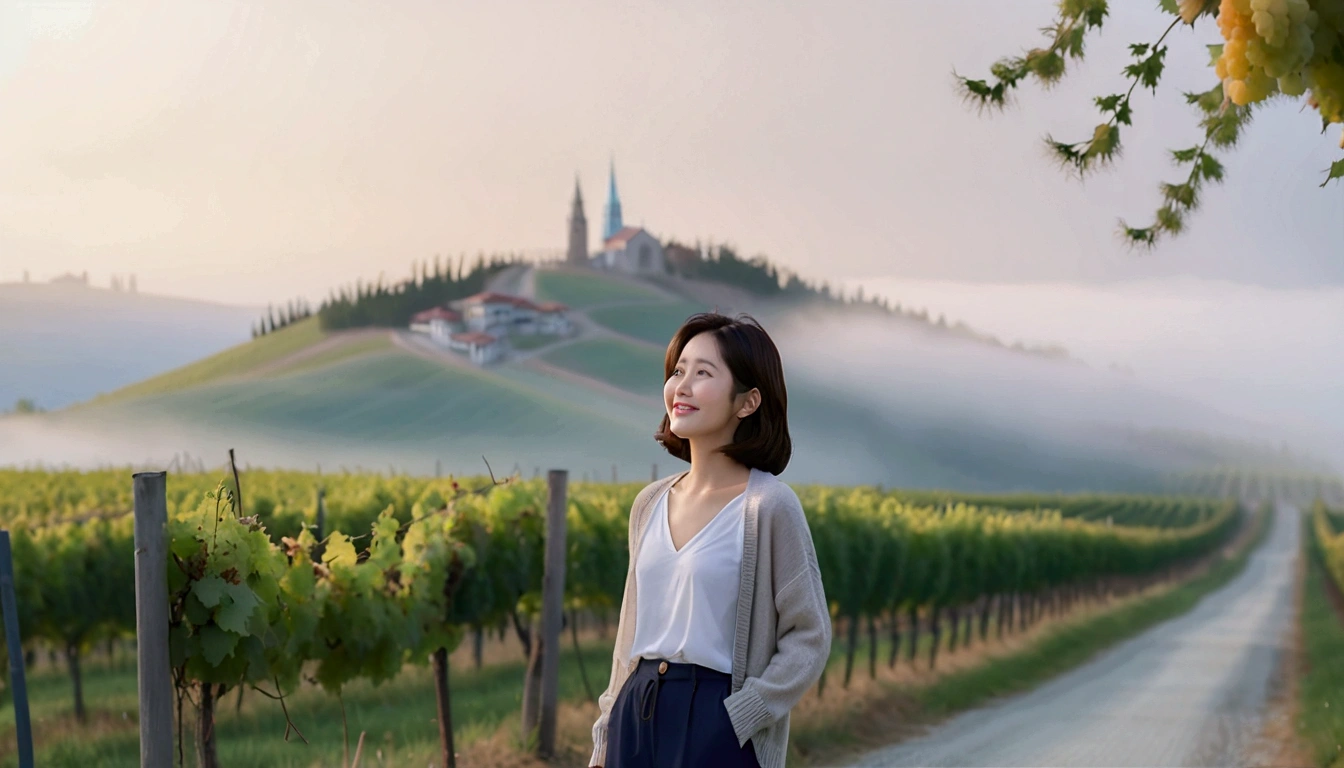 Intentional quality, In 8K, 32K, Photo of a beautiful 36-year-old Korean woman, short medium hair, Inspired by Son Ye-jin, whole body, face focus, Shirt that goes up to the neck and a short cardigan from a luxury brand, beige casual pants, Italian countryside vineyard background, Ranged、make a happy face, 새벽 진한 한개속 The cathedral is visible in the distance, There is thick fog, path, looking up the side, Wear a shirt that covers your chest, The cathedral is visible in the distance, Photo of endless vineyard scenery, look up the side. thick dawn fog, Well-groomed hair, Photo of an elegant and modest woman, Endless vineyards, Vivid picture quality, Clear picture quality, 언덕 위 path, 1 woman, colonnade가 있는 휘어진 path 언덕에서 바라본다. colonnade, The waist area is visible. 휘어진 path에 서있다, colonnade가 있는 어덕길에 서있다. Luxury brand large horn rimmed sunglasses, Sunglasses details, Sunglasses are the same size on both sides, Looking down on the vineyard from the hill, The cathedral is visible in the distance