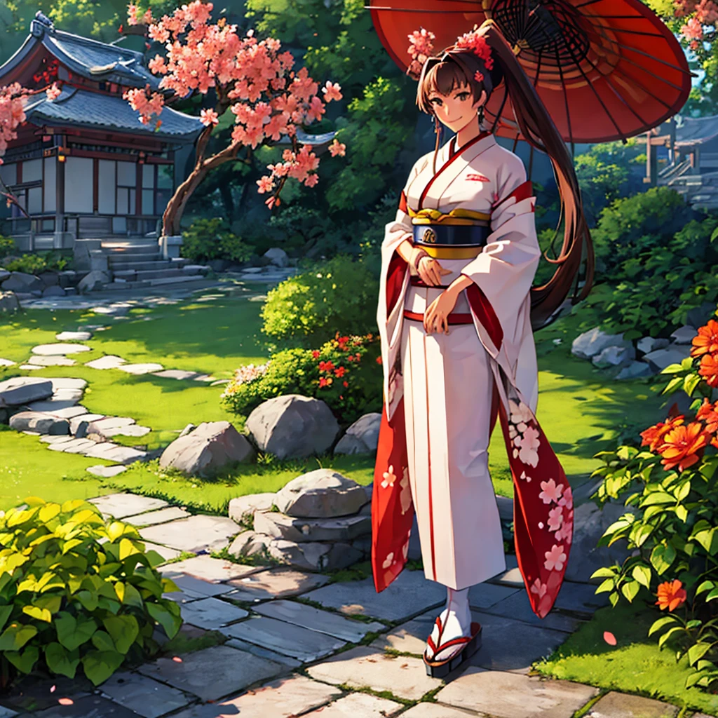 A woman wearing a white kimono, long-sleeved kimono, long-skirted kimono, red flower designs on the kimono, large breasts, wearing earrings with the Japanese red sun flag, brown hair, long hair, ponytail hair, flowers in her hair , brown eyes, perfect face, perfect eyes, smiling, standing posture, wooden shoes, on a stone sidewalk, Japanese garden location with traditional Japanese gazebo, trees in the background, lawn, daytime location, Kantai_Collection, IJN_Yamato.
