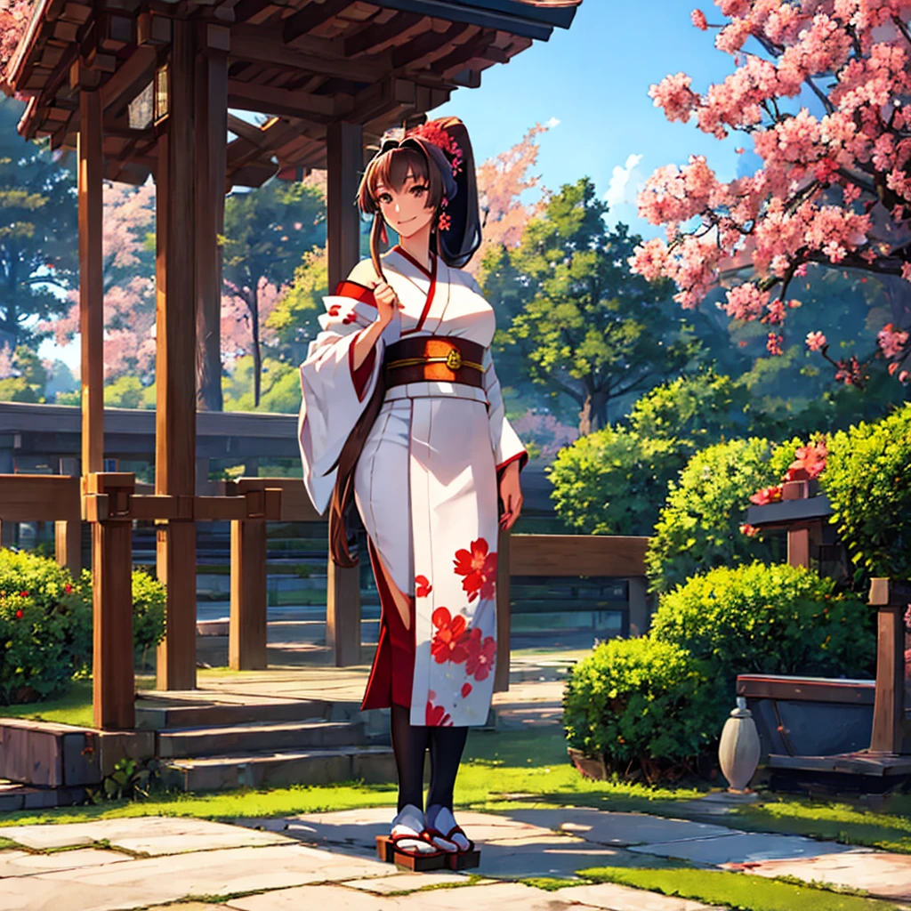 A woman wearing a white kimono, long-sleeved kimono, long-skirted kimono, red flower designs on the kimono, large breasts, wearing earrings with the Japanese red sun flag, brown hair, long hair, ponytail hair, flowers in her hair , brown eyes, perfect face, perfect eyes, smiling, standing posture, wooden shoes, on a stone sidewalk, Japanese garden location with traditional Japanese gazebo, trees in the background, lawn, daytime location, Kantai_Collection, IJN_Yamato.
