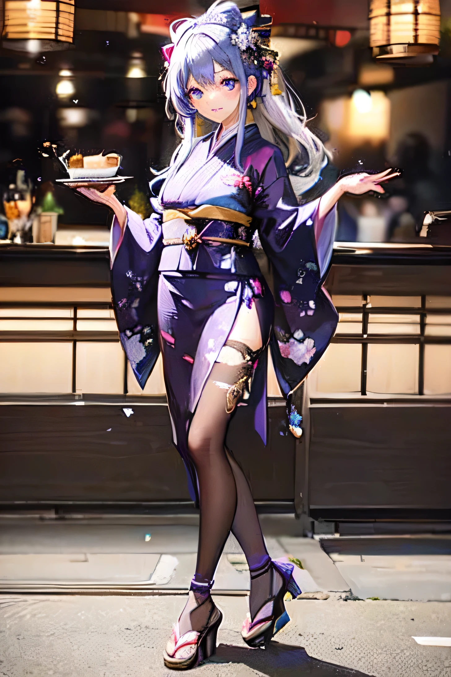 Luminous, beautiful woman, cafe waitress, long silver hair, butterfly hair ornament, wearing, purple silk shiny kimono, net tights, black high heels, beautiful eyes, flashy make-up, fireworks display.