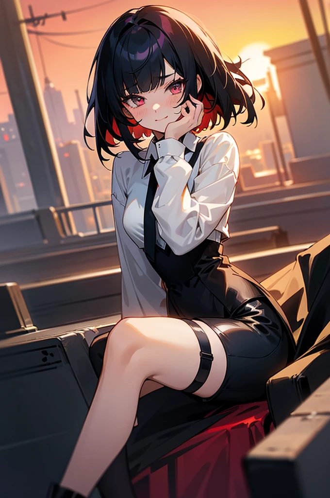 Visualise an anime-styled character: a young girl with crimson eyes and short messy raven black hair. She has a long messy fringe on the left side of her face that almost covers her eyes. There are two strands of hair that are shoulder-length and frame both side of her face. Her short hair ends above her neck. She wears a long-sleeved black suit covering a white collared shirt underneath. She wears black shorts, and there has a thigh strap on both legs. She wears ankle-high heeled boots. She sits on the edge of a rooftop, cross-legged and looking down. The sun sets behind her. Her eyes glow crimson. There is a small blush on her cheeks as she smiles suggestively, holding her face in one hand.