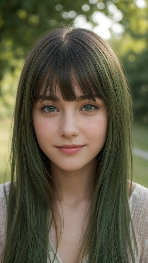 a girl. Europe. Extremely detailed face. Oval face. delicate facial features. half-closed eyes. long straight hair. messy hair. bangs. green hair. green eyes. laugh. shy. straight face