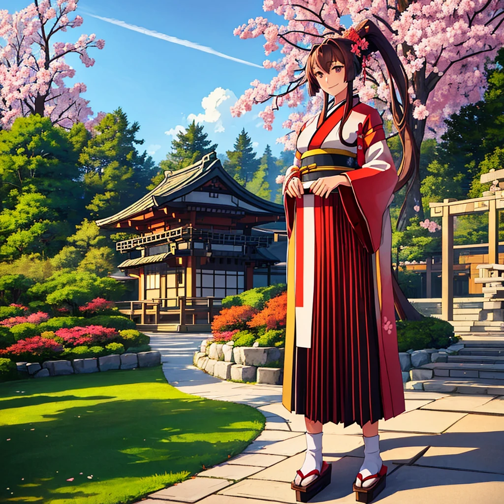 A woman wearing a white kimono, long-sleeved kimono, long-skirted kimono, red flower designs on the kimono, large breasts, wearing earrings with the Japanese red sun flag, brown hair, long hair, ponytail hair, flowers in her hair , brown eyes, perfect face, perfect eyes, smiling, standing posture, wooden shoes, on a stone sidewalk, Japanese garden location with traditional Japanese gazebo, trees in the background, lawn, daytime location, Kantai_Collection, IJN_Yamato.
