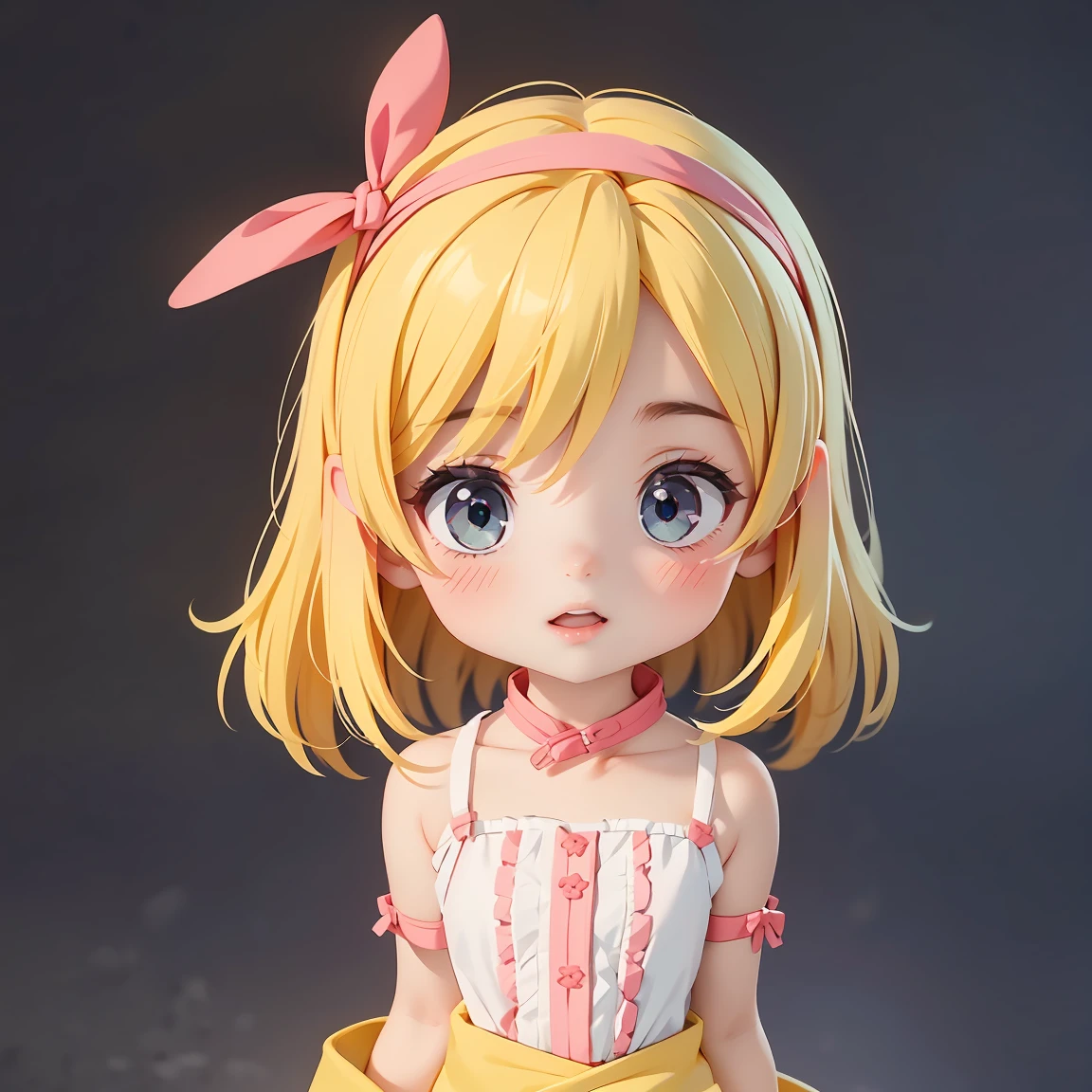  Super Chibi Character：1.8、wearing cute sandals、background：Simple and bright throughout、Blonde Hair、Cute 7 year old girl、Random cute outfits、Short legs、Sandals with ribbon、A fun look and a fun pose