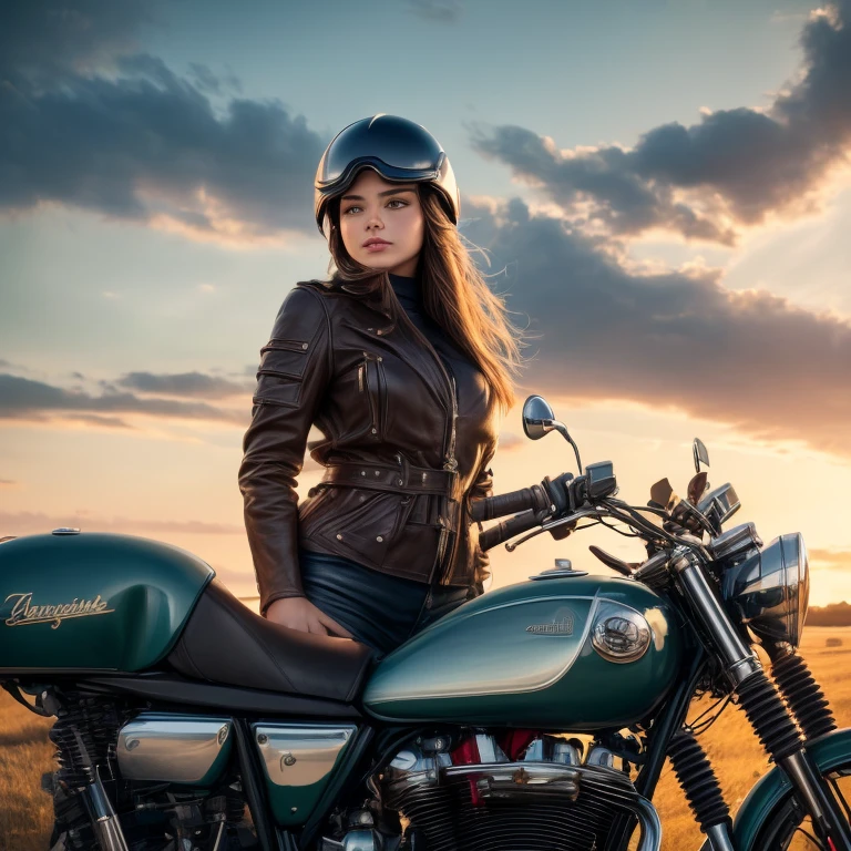 a beautiful young female rider in a vintage leather jumper and Cromwell helmet with goggles standing on the back of her retro Triumph motorcycle in the English countryside landscape after the rain, detailed photorealistic, ultra-detailed, 8k, (best quality,4k,8k,highres,masterpiece:1.2),ultra-detailed,(realistic,photorealistic,photo-realistic:1.37),HDR,UHD,studio lighting,ultra-fine painting,sharp focus,physically-based rendering,extreme detail description,professional,vivid colors,bokeh,portrait