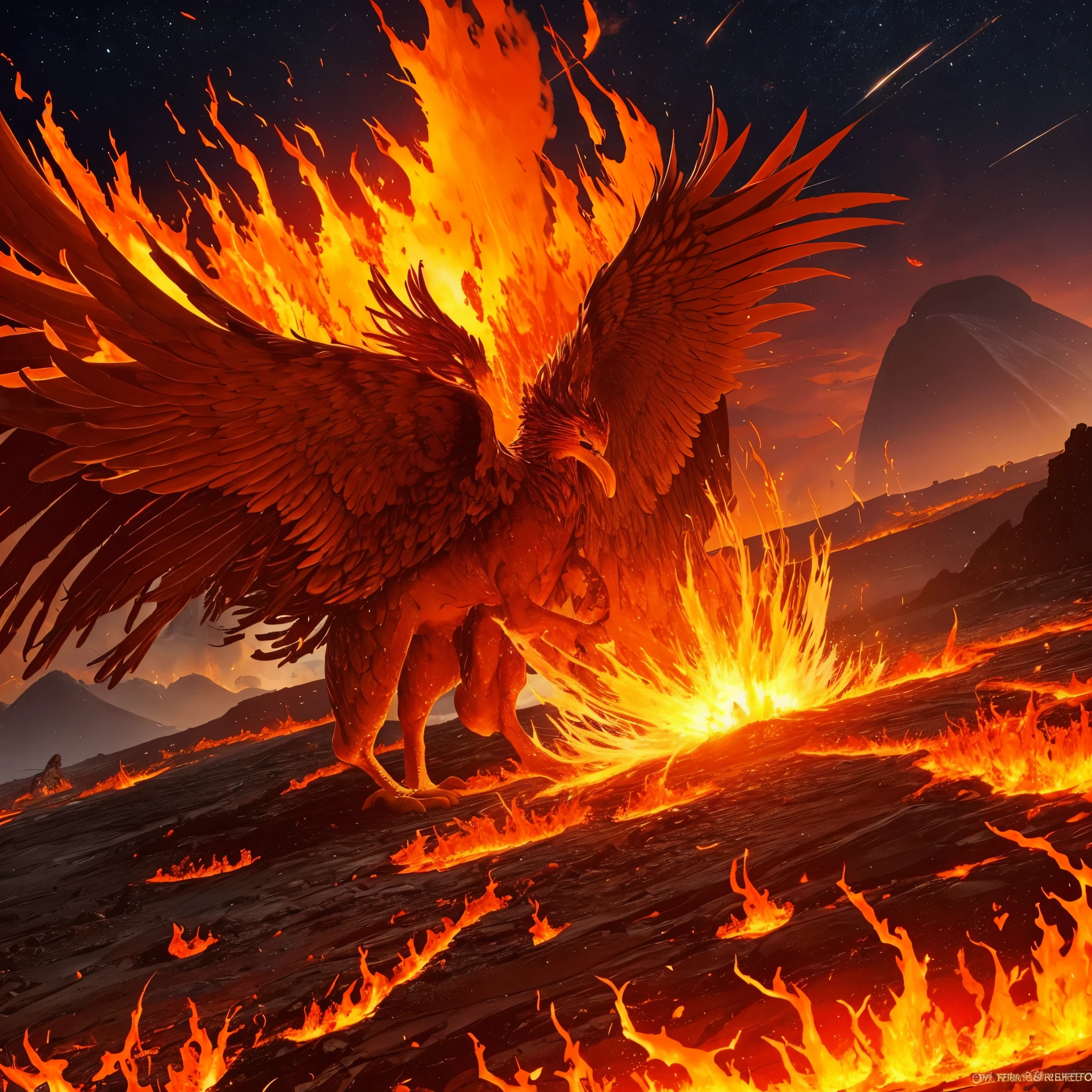 colossal phoenix of magma and flames, fluid lava body, aura of massive destruction, creating fissures in the ground and lava eruptions. Burning desert scenery with lava and flames, big bird, Ablaze, flying