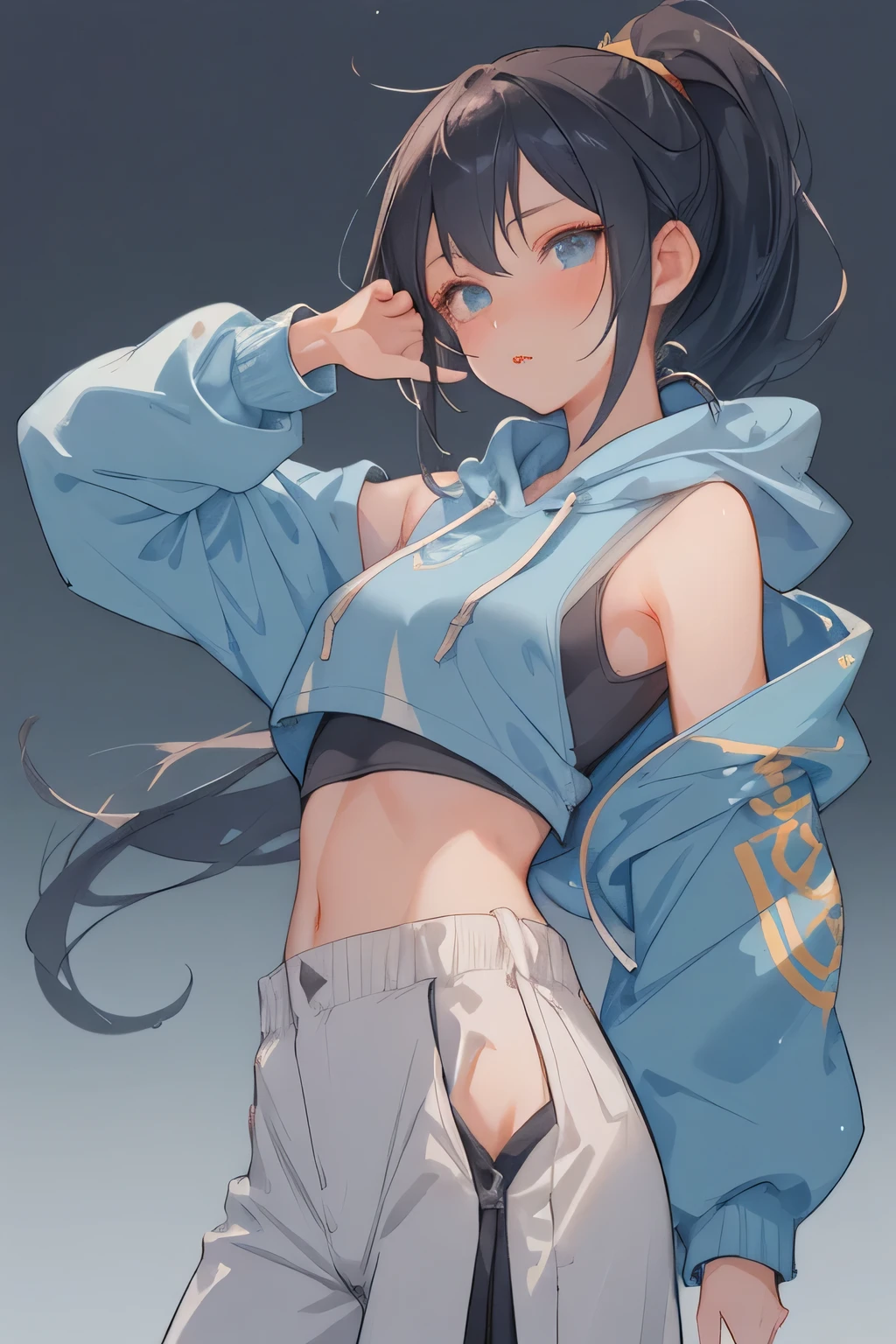 1girl, soft coloured blank backgeound,Kitana from Mortal Kombat 1, Make her face Arknights style looks like face, sharp slanted eyes, wearing metal armored mask, Ponytail dark hair, shoulder long hair,the outfit are dark blue street wear colour,crop top oversized hoodie + cargo shortpants street wear style,character doing hoshino ai pose peace and her right hand holding traditional chinese sharp fan, and her tounge out,tounge out