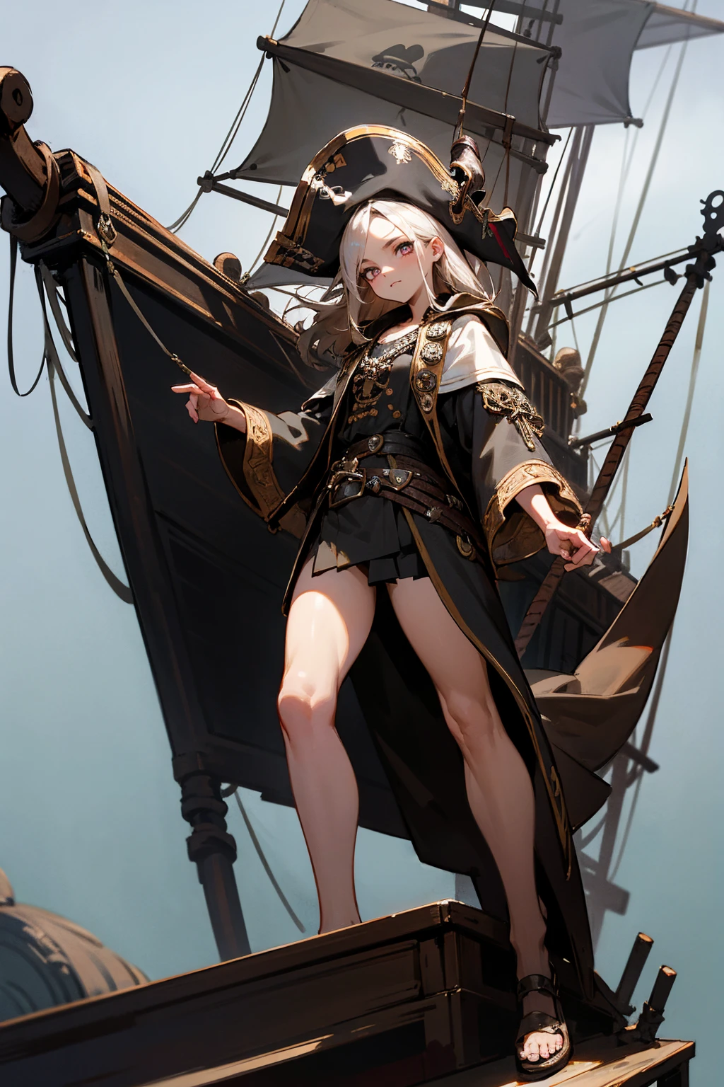 Masterpiece Quality, Perfect Generation, Sclera, Detailed Eyes, Skin, Hair, Muscular, Pirate Clothing, Expression, , Pirate Ship Background, Full Body, Skin, , , , facing viewer, Standing Outside,
