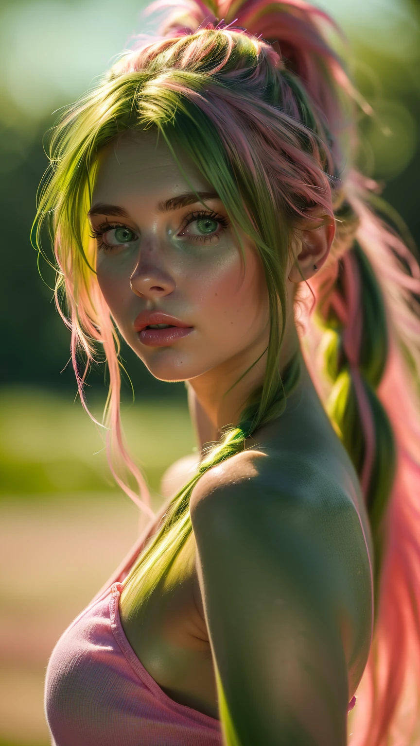 (Best quality, 8k, 32k, raw photo, Photorealistic, Photoreal, UHD:1.2), lifelike rendering, 1 young cute girl, (streaked Green and pink hair:1.4), very long hair, Dynamic hairslyte, (braids, ponytail) (green eyes:1.4), realistic portrait, (random pose), (dynamic angle)