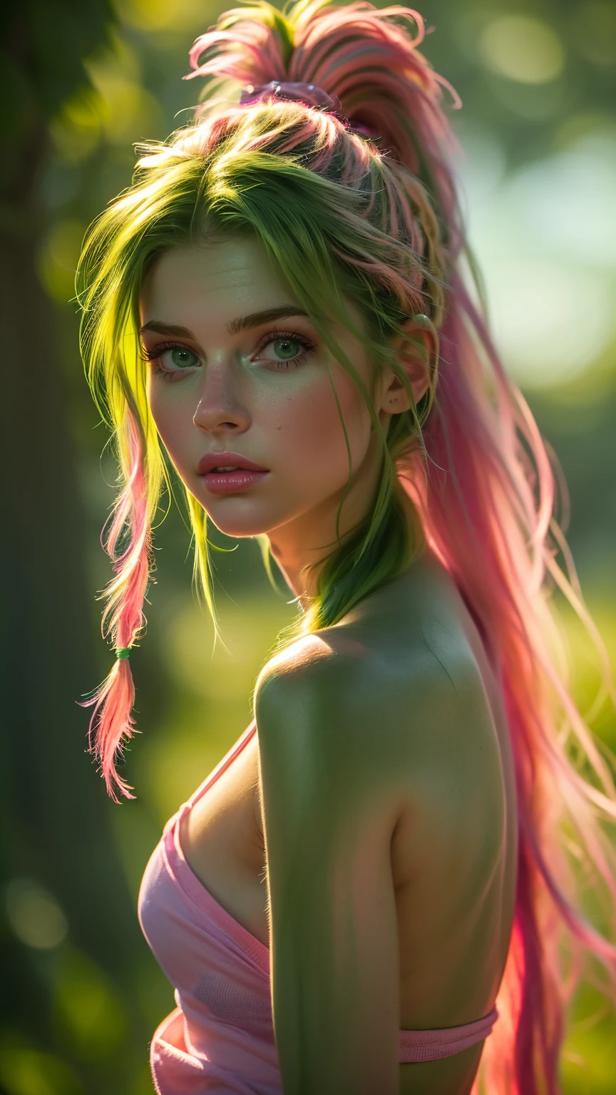 (Best quality, 8k, 32k, raw photo, Photorealistic, Photoreal, UHD:1.2), lifelike rendering, 1 young cute girl, (streaked Green and pink hair:1.4), very long hair, Dynamic hairslyte, (braids, ponytail) (green eyes:1.4), realistic portrait, (random pose), (dynamic angle)