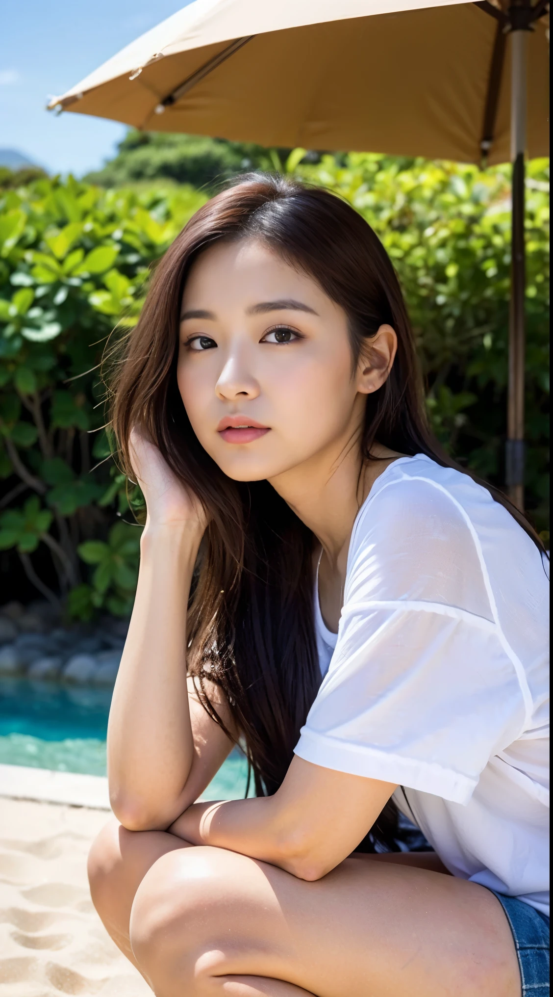 (((Beautiful woman posing while warming up by the pool))),(((On the table:1.6))),(((ulzzang-6500))),(((perfect anatomia:1.2))),(((Hasselblad’s deep depth of field))),(((Sexy waist))),masterpiece,top-quality,超高分辨率,high detail portrait,(Photographic realism:1.4),(((beautiful  face，tall nose bridge，largeeyes))),(((Place your hands on your hips、arch your body))),Fair skin is dazzling,(((She is wearing a white high-leg one-piece swimsuit.))),Lift your chin，look up at the sky,((low body shot)),20yr old,Cute Baby Turtle,Her long shiny chestnut hair was braided，cute looking.,Bangs sway in the wind,((Proud F cup beautiful breasts )),(The waist is really irresistible.),(Famous and popular actress in Japan),(Raise the corners of your mouth and laugh loudly),(grin face,Sano),(sounds fun),High detail eyes,((Gravure photoshoot by the pool in Hawaii)),((Her bangs are messy，Cute forehead,Staring at the sky,Long eyelashes are impressive,largeeyes,Double eyelids are noticeable,Glossy glossy skin,Lip gloss for thick lips)),(((perfect anatomia:1.2))),