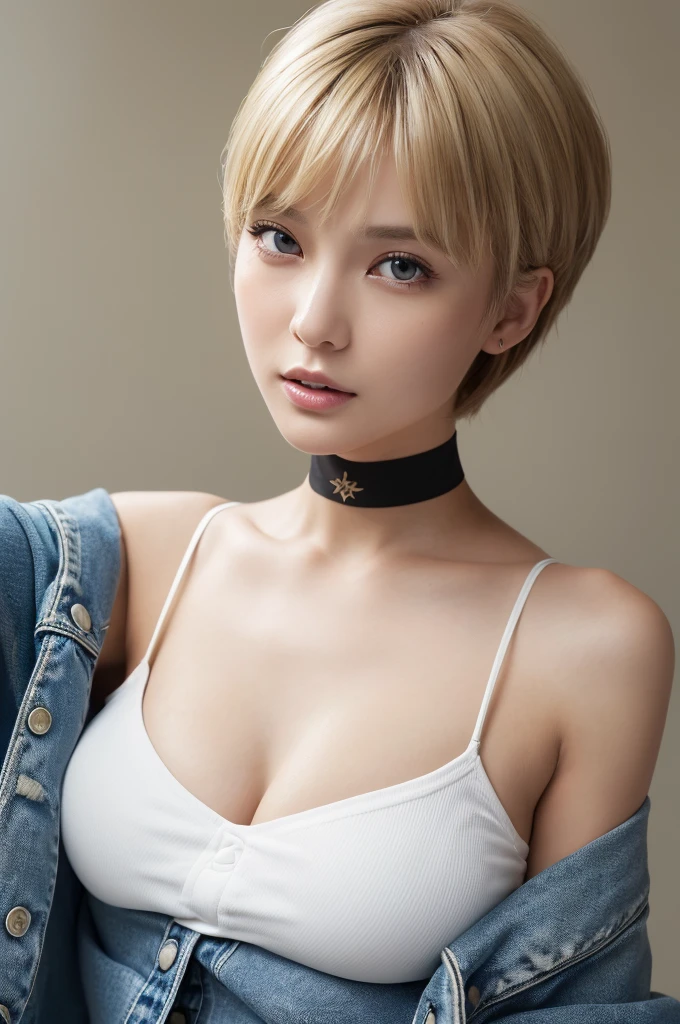 (Highest quality, 4K, 8k, High resolution, masterpiece:1.2), Very detailed, (Realistic, photoRealistic, photo-Realistic:1.37),Japanese,(Dull blonde pixie cut）woman,One Girl, (Black choker：1.0)Large Breasts,shirt、White tank top、Denim pants、Orgasm Facial、Denim jacket、bedroom、Highlight the face、(close up face）、Turn your body towards the photographer、Face the front completely、Look ahead、ID photo、shoulder-level shot、((Shot from the shoulder up))