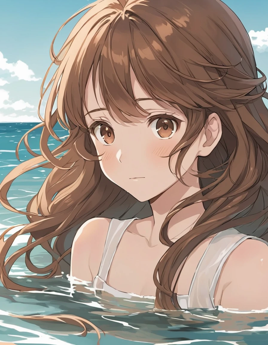 Anime-style female character in the sea, (long brown hair:1.2), (Gentle expression:1.1), Brown eyes, White men's shirt, (Ripple water effect around body:1.3), Sunlight reflecting on water, sunny, subtle water splash, High Resolution Digital Art, Soft color palette, Quiet atmosphere, (Calm sea background:1.1), Realistic water texture