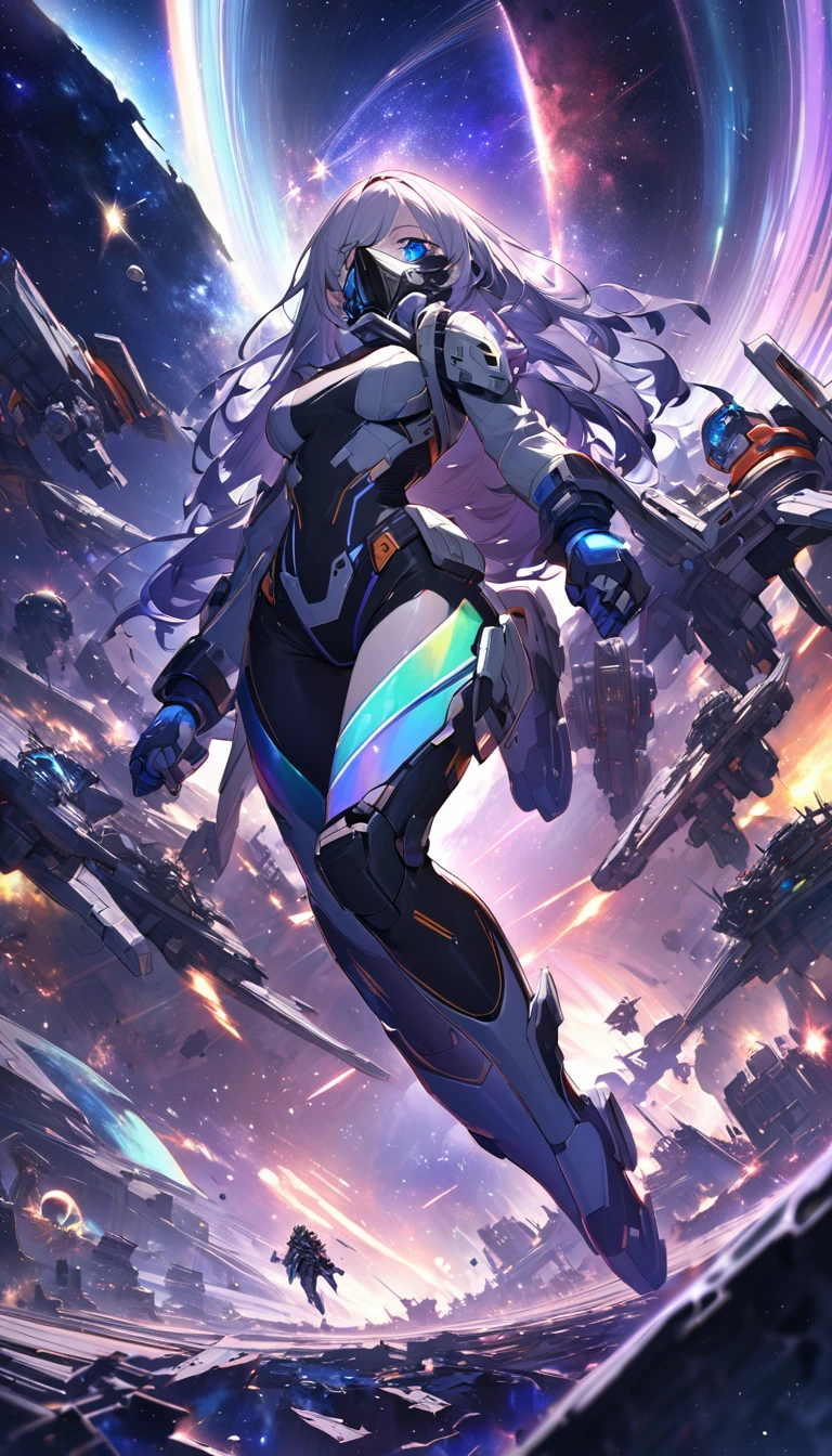 beautiful space Squadron girl, beautiful face hidden by metal plated cool mask, covered in tattoos, great proportion, tight fitting combat uniform, background invertebrate-like enemy group, destroyed space city, galaxy, iridescent cosmic rays, 2.5D, delicate and dynamic, art