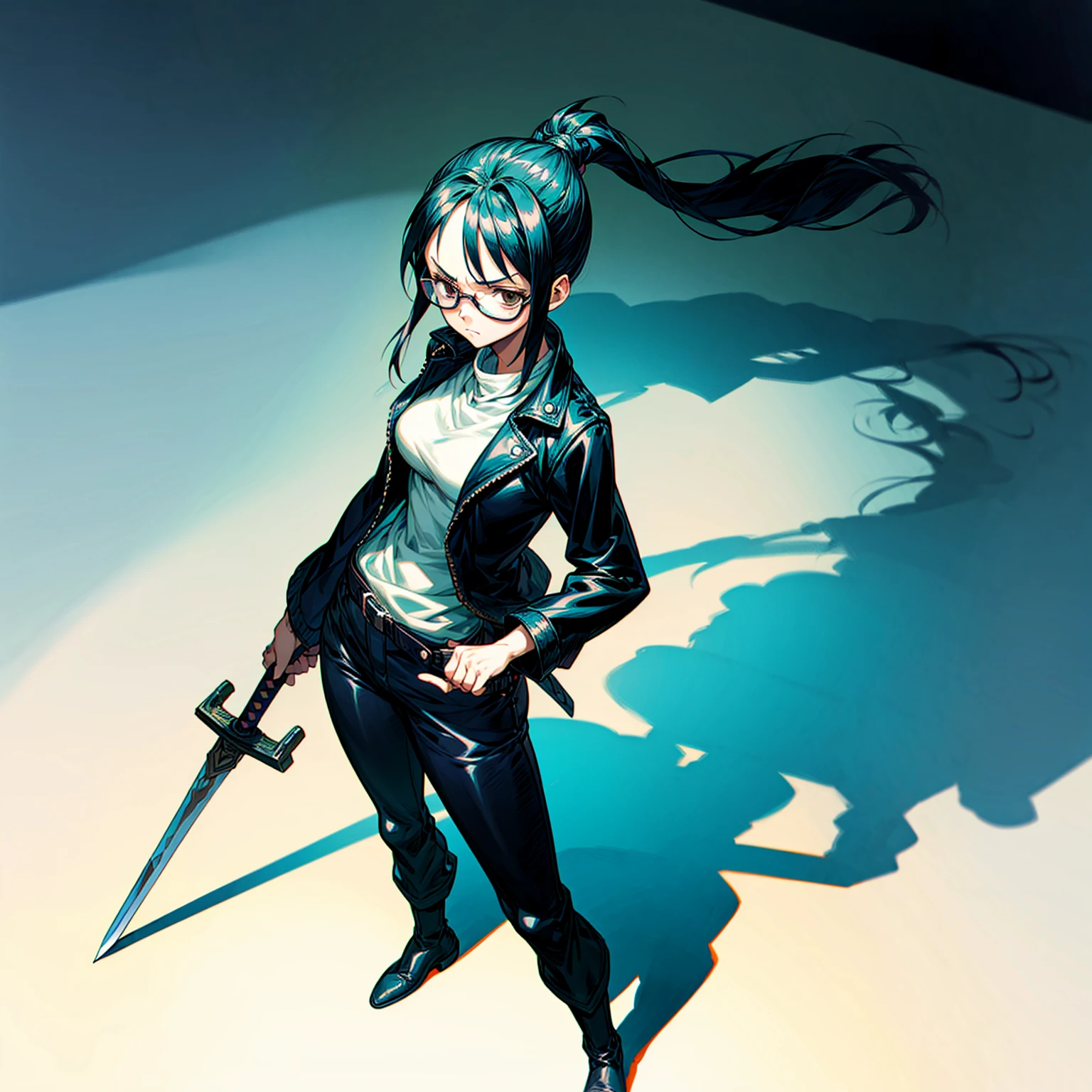 Grassroot, full body version, solo, girl, glasses, black colour hair, ponytail hair, brown eyes, sad eyes, leather jacket, belts, long pants, boots, shadow, (Hunter x Hunter style art), standing gesture, sword in hand 