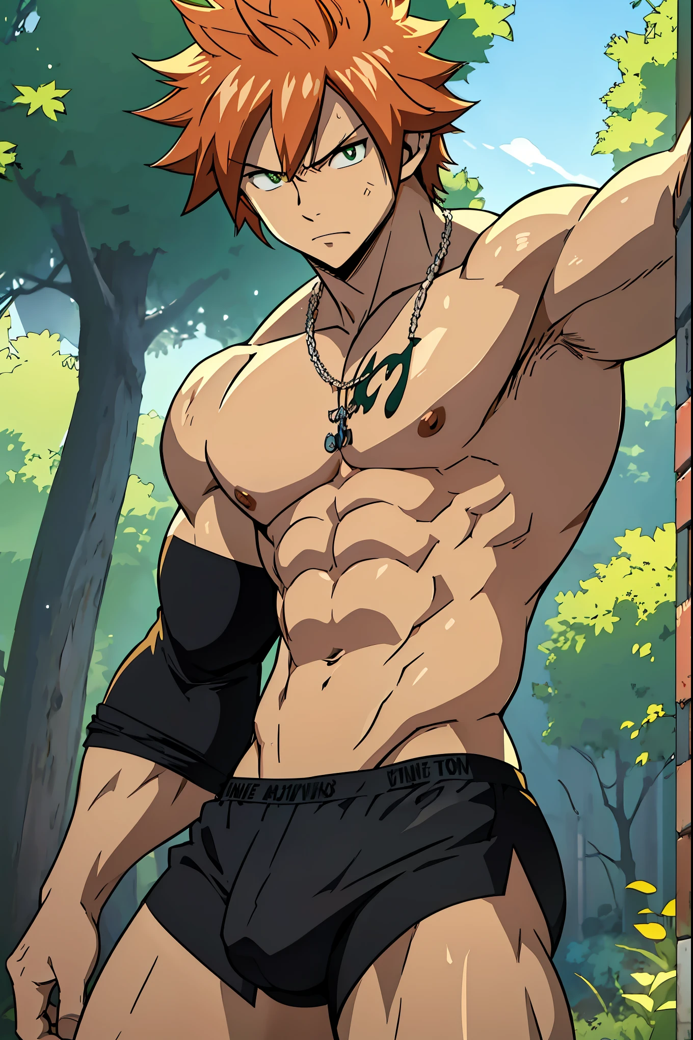 ((arte estilo anime)), (the highest image quality), (detailed strokes), Looking at the Viewer, facing the viewer , showing the whole body, , He is a , very white skin, He has slightly disheveled ginger hair , light green eyes, , muscular body , anime art style Fairy Tail , sexy face, showing off his muscular body, he is only wearing black box underwear , big bulge, without any other item of clothing, shirtless, is shirtless showing his abdominal muscles and his swollen chest , , 8k, high quality, masterpiece, , cinematic, vivid colors, shining green eyes