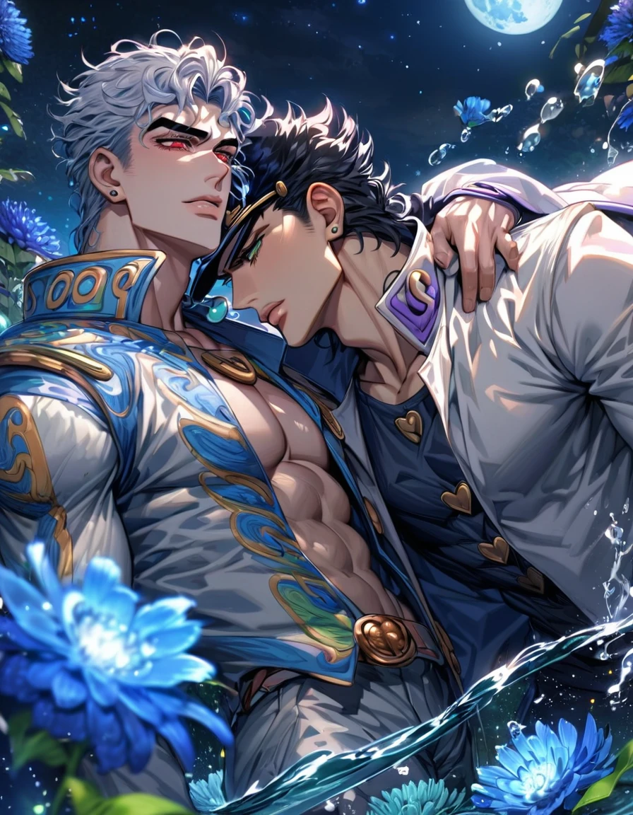 absurdres, highres, ultra detailed, HDR, master piece, best quality, extremely detailed, Jotaro Kujo, black hair, messy hair, expressive green eyes, Jojo Bizarre Adventure, Kaerius, white hair, expressive red eyes, two sexy men together, yaoi, gay couple, handsome, sensual, black coat, white coat, fantasy, water, sparkling, blue glittering fireflies, blue moon, blue blossoms, blue chrysanthemums, blue sparkling lights, starry sky, magical