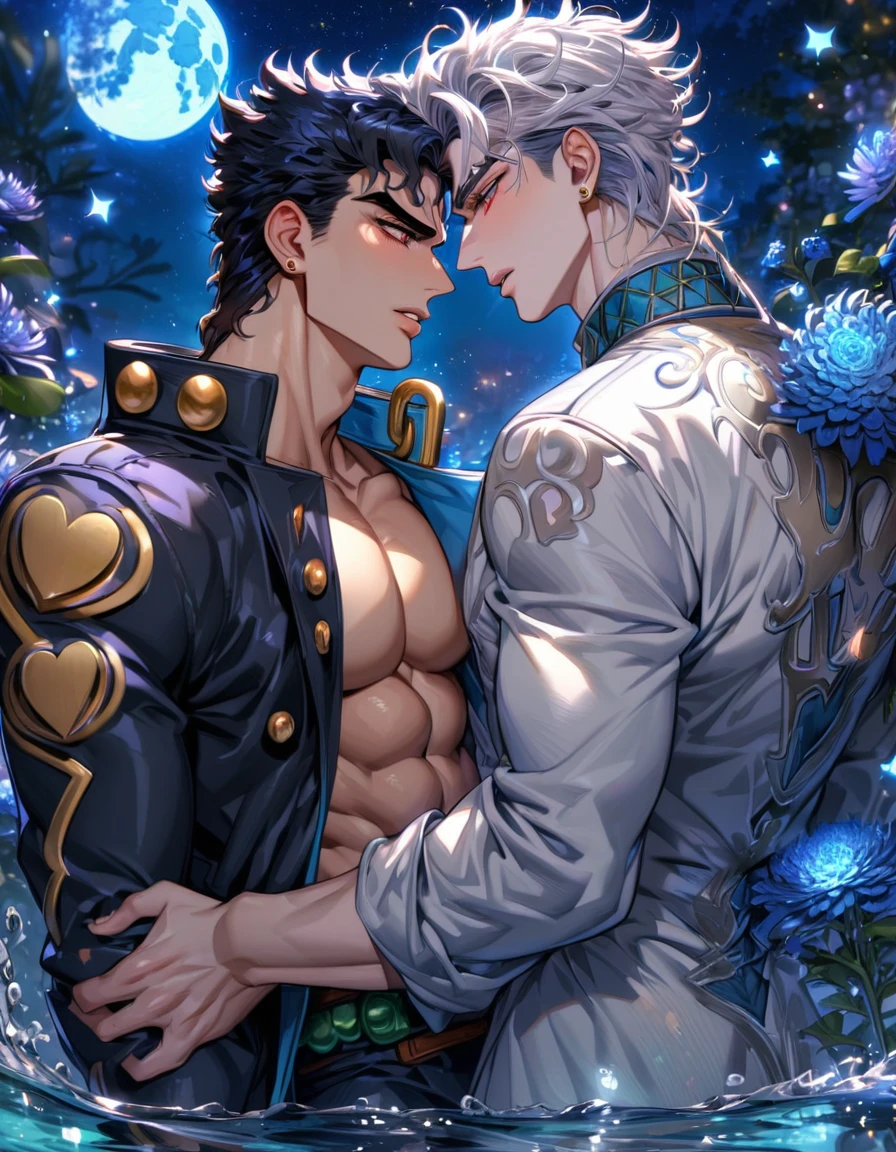 absurdres, highres, ultra detailed, HDR, master piece, best quality, extremely detailed, Jotaro Kujo, black hair, messy hair, expressive green eyes, Jojo Bizarre Adventure, Kaerius, white hair, expressive red eyes, two sexy men together, yaoi, gay couple, handsome, sensual, black coat, white coat, fantasy, water, sparkling, blue glittering fireflies, blue moon, blue blossoms, blue chrysanthemums, blue sparkling lights, starry sky, magical