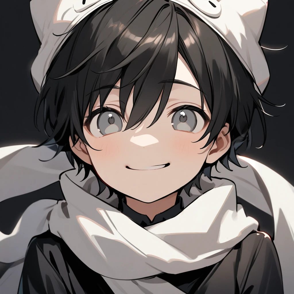 a young boy, cute face, black hair, gray eyes, white scarf, white kitten cap, black background, smiling, tilted face 