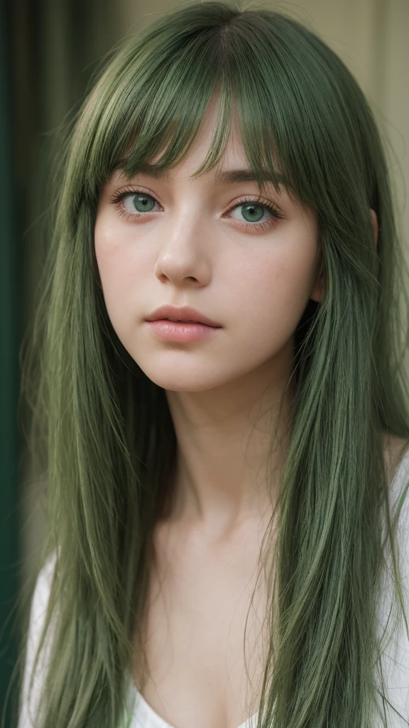 a girl. Europe. Extremely detailed face. Oval face. delicate facial features. half-closed eyes. long straight hair. messy hair. bangs. green hair. green eyes. disappointed. shy. straight face