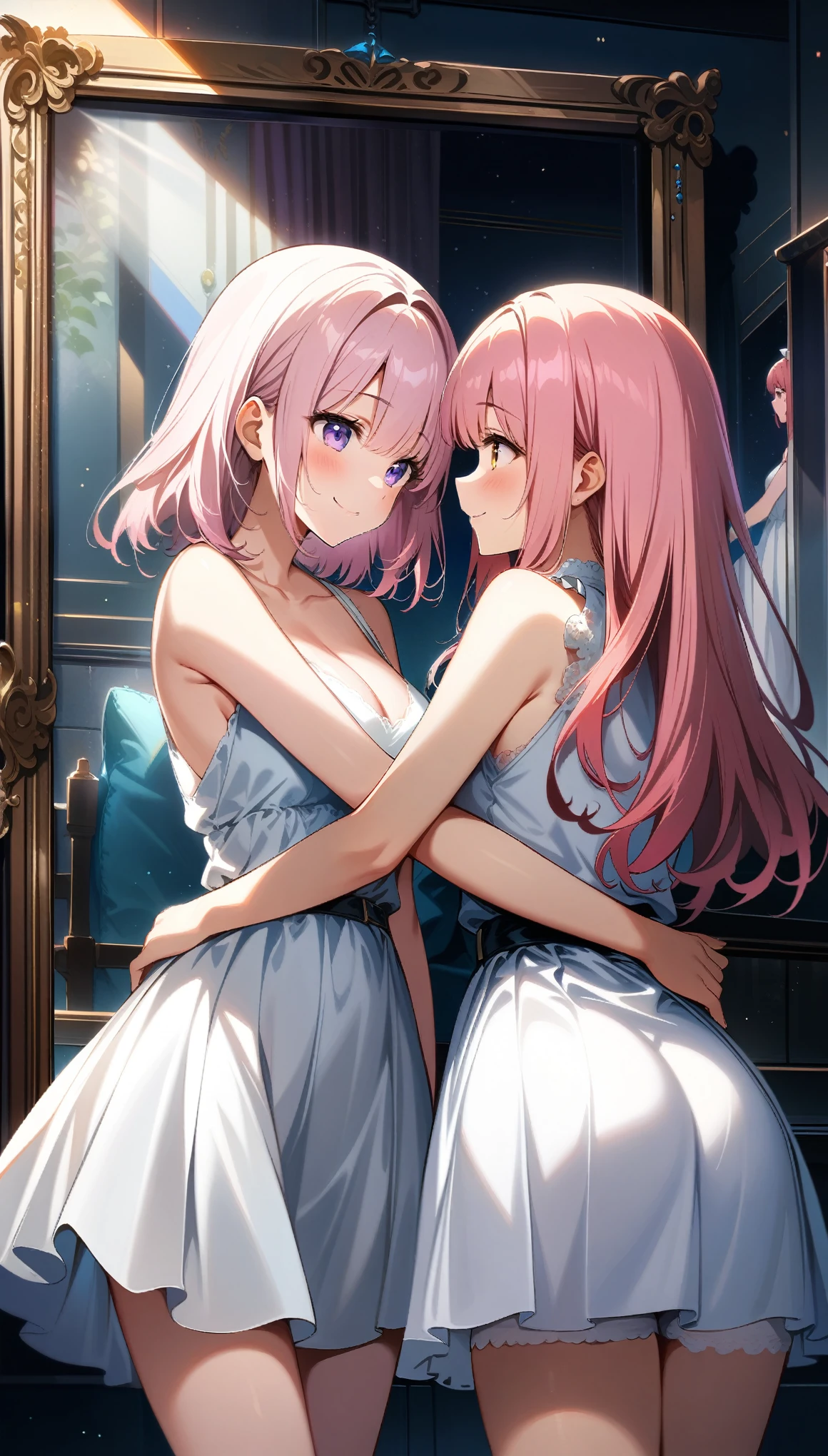 2girls,Girl1:,adolable,A pink-haired,long whitr hair,girl 2:golden hair,long whitr hair,Touch each other's chests